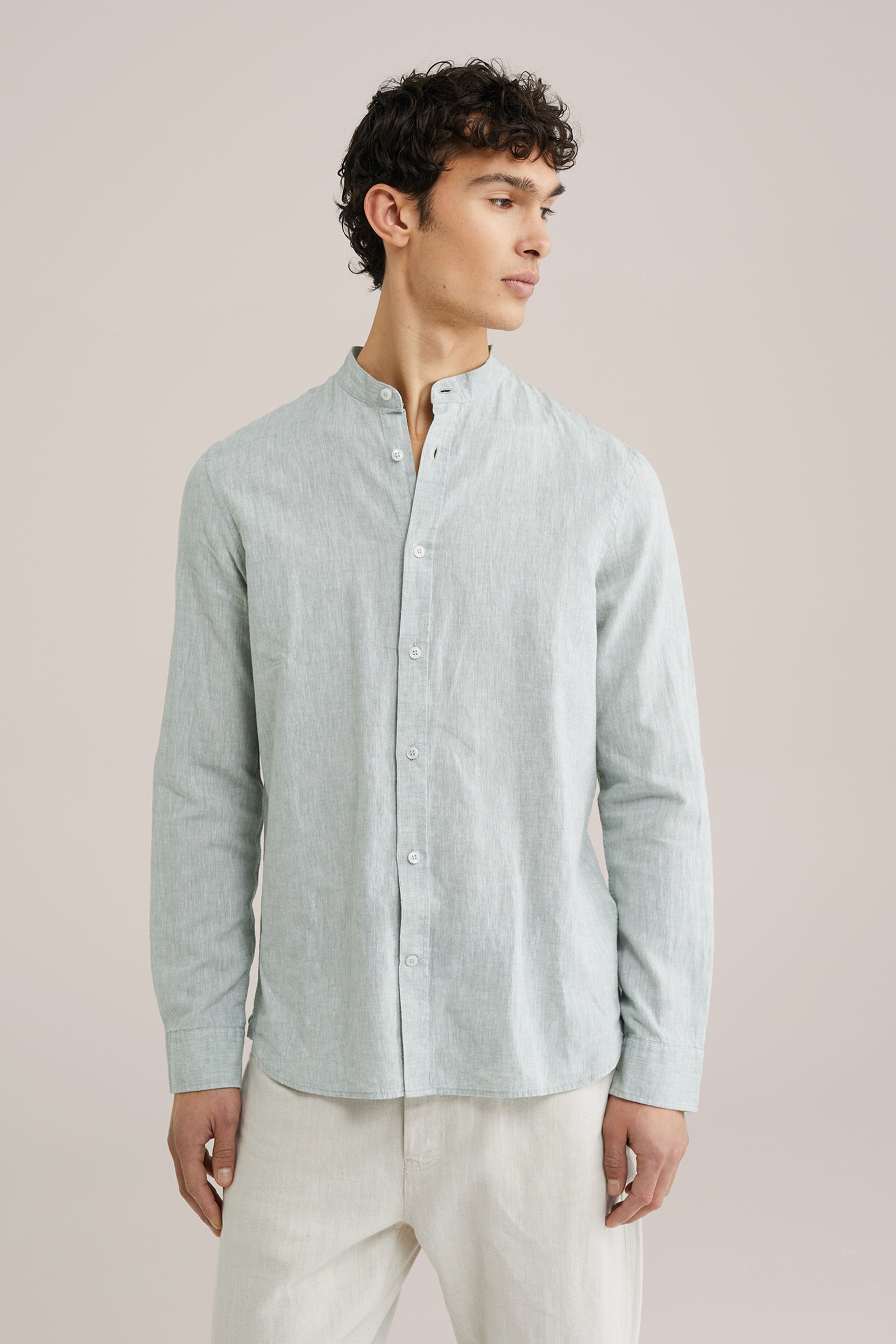 Camisa Regular Fit em Linho Misto com Gola Mao - Menta