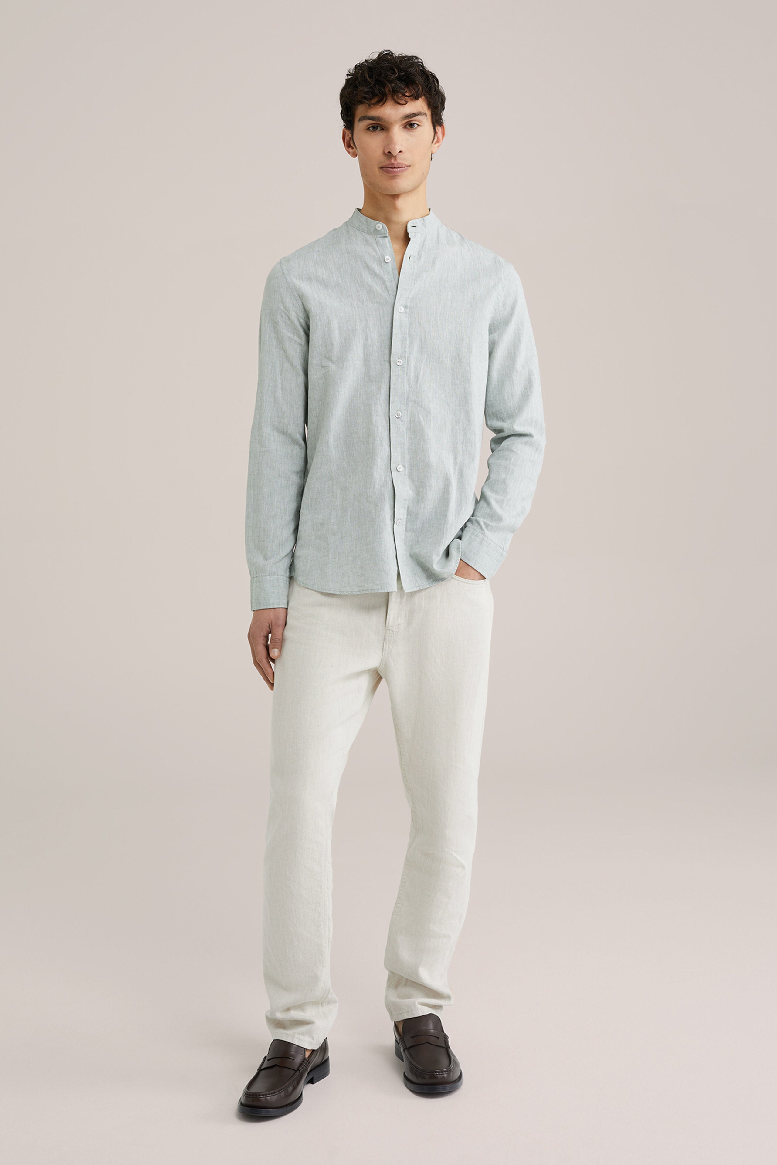 Camisa Regular Fit em Linho Misto com Gola Mao - Menta