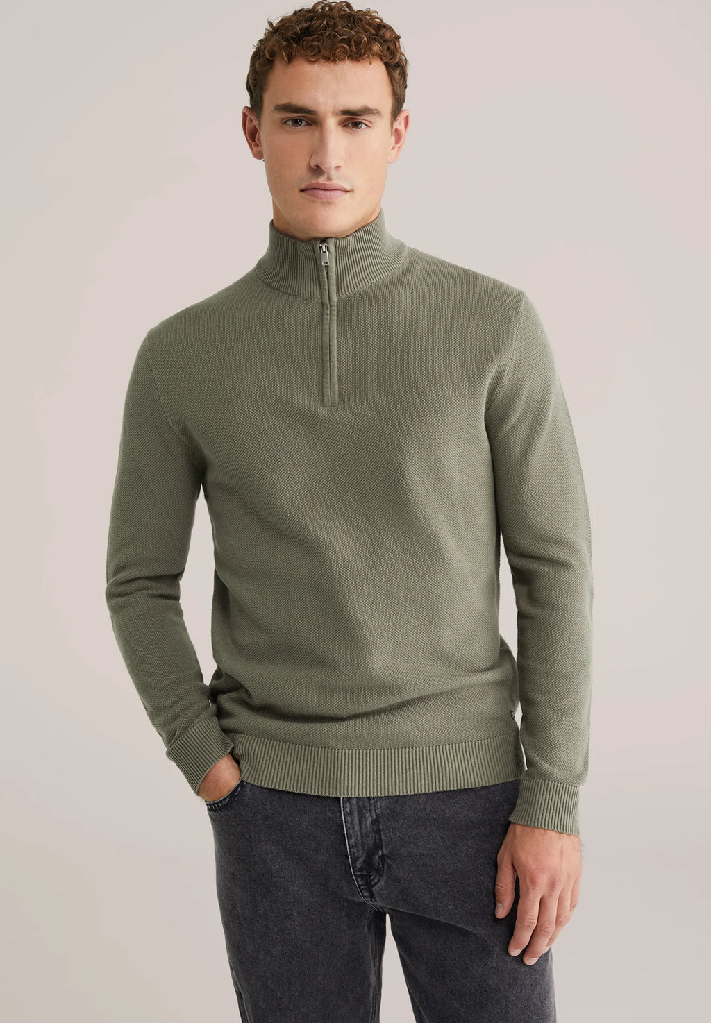 Suéter Masculino em Algodão com Gola Troyer e Zíper - Verde musgo