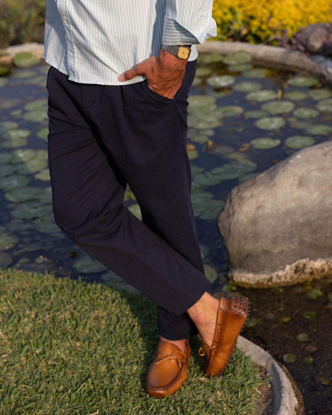 Calça Reta em Linho - Azul Marinho