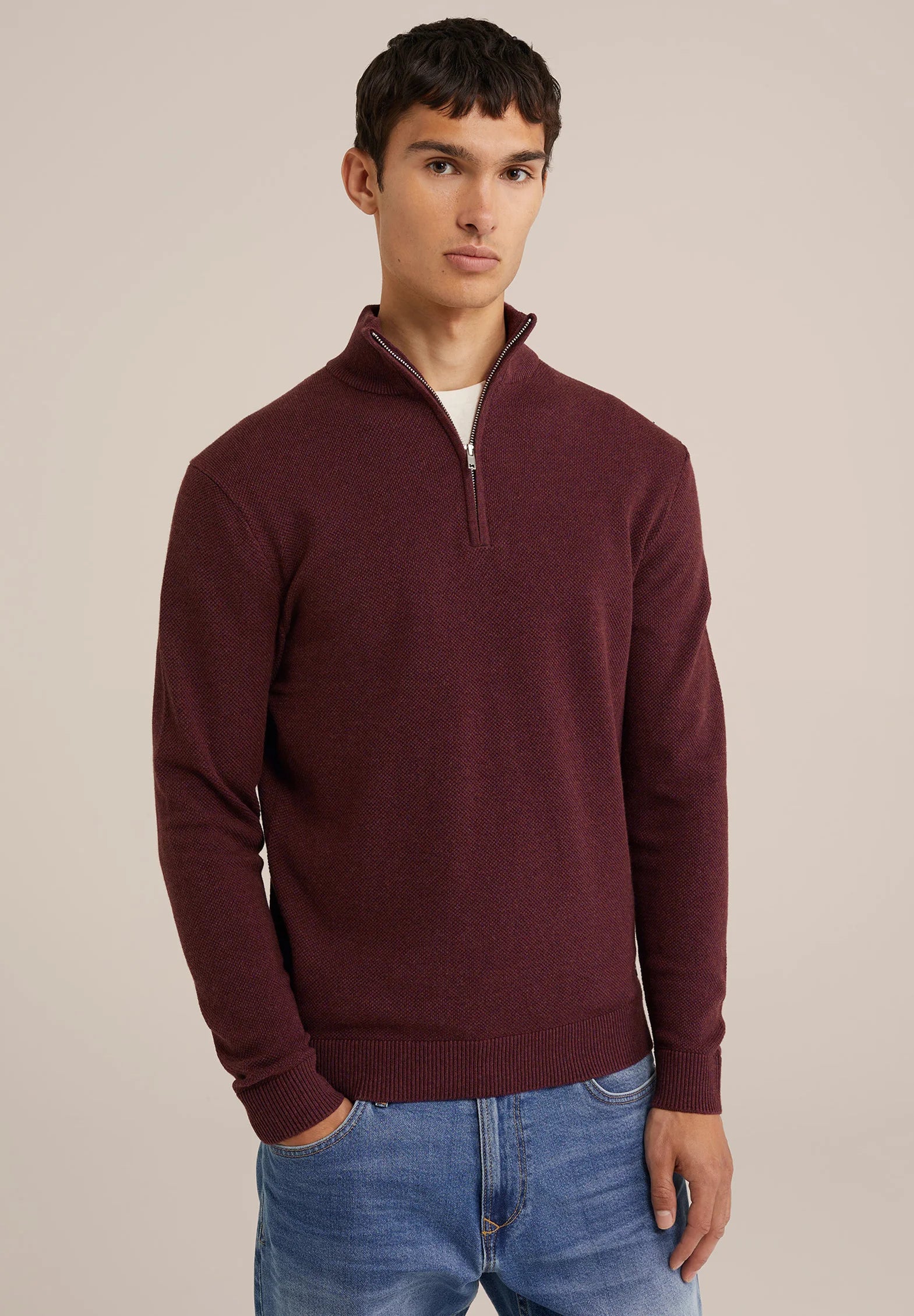 Suéter Masculino em Algodão com Gola Troyer e Zíper - Vermelho
