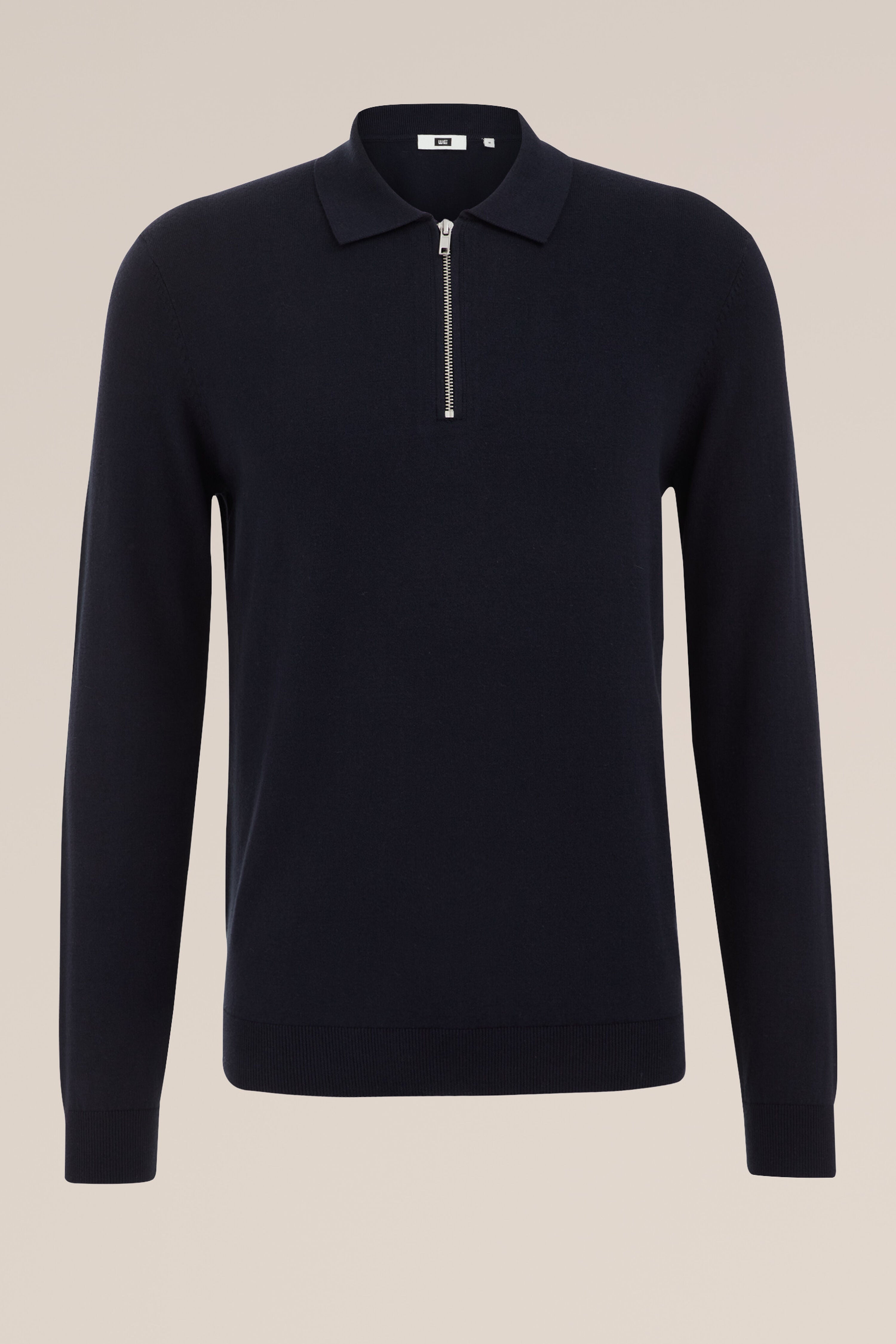 Suéter de Malha Fina com Gola Troyer e Zíper - Azul marinho