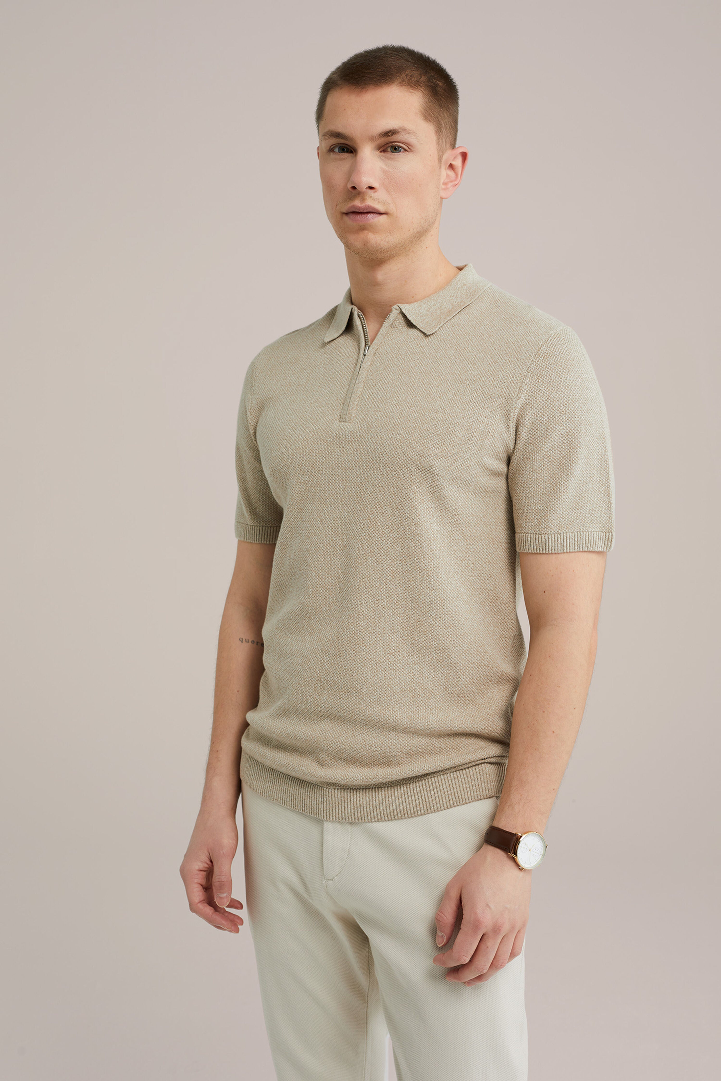 Camisa Gola Polo com Zíper - Bege