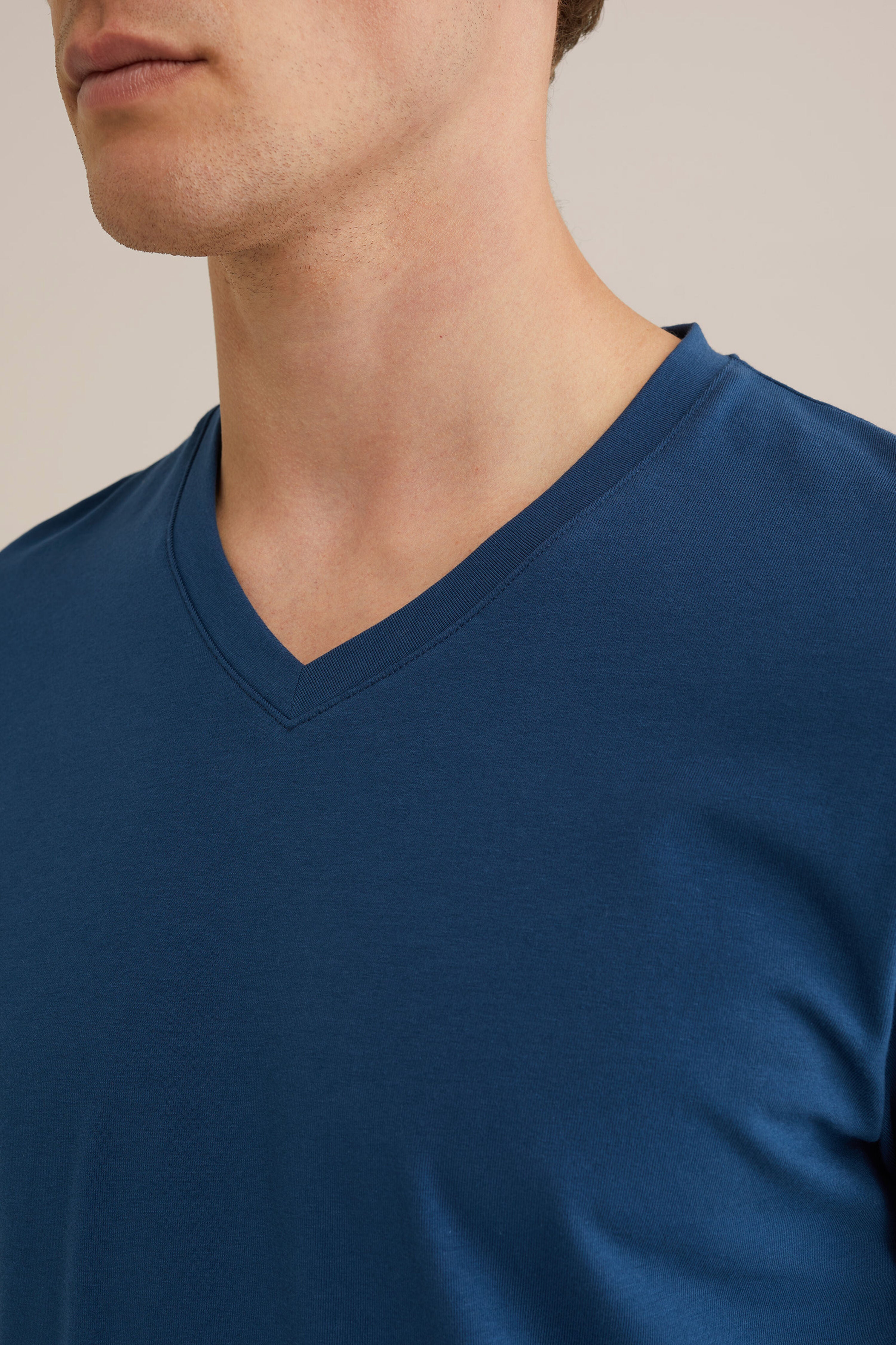Camiseta Básica de Corte Regular com Gola V - Azul