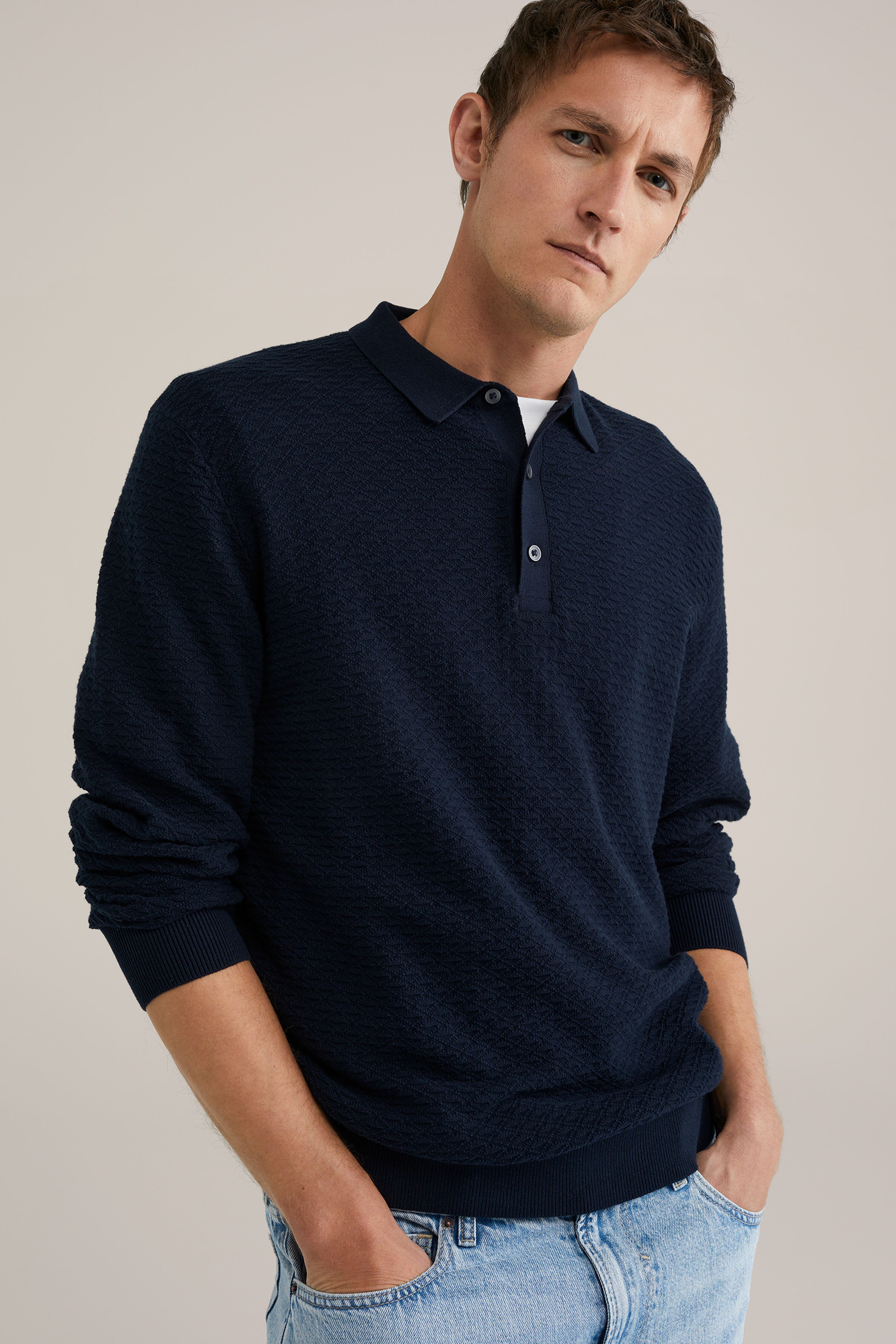 Camisa Polo de Malha Texturizada - Azul marinho