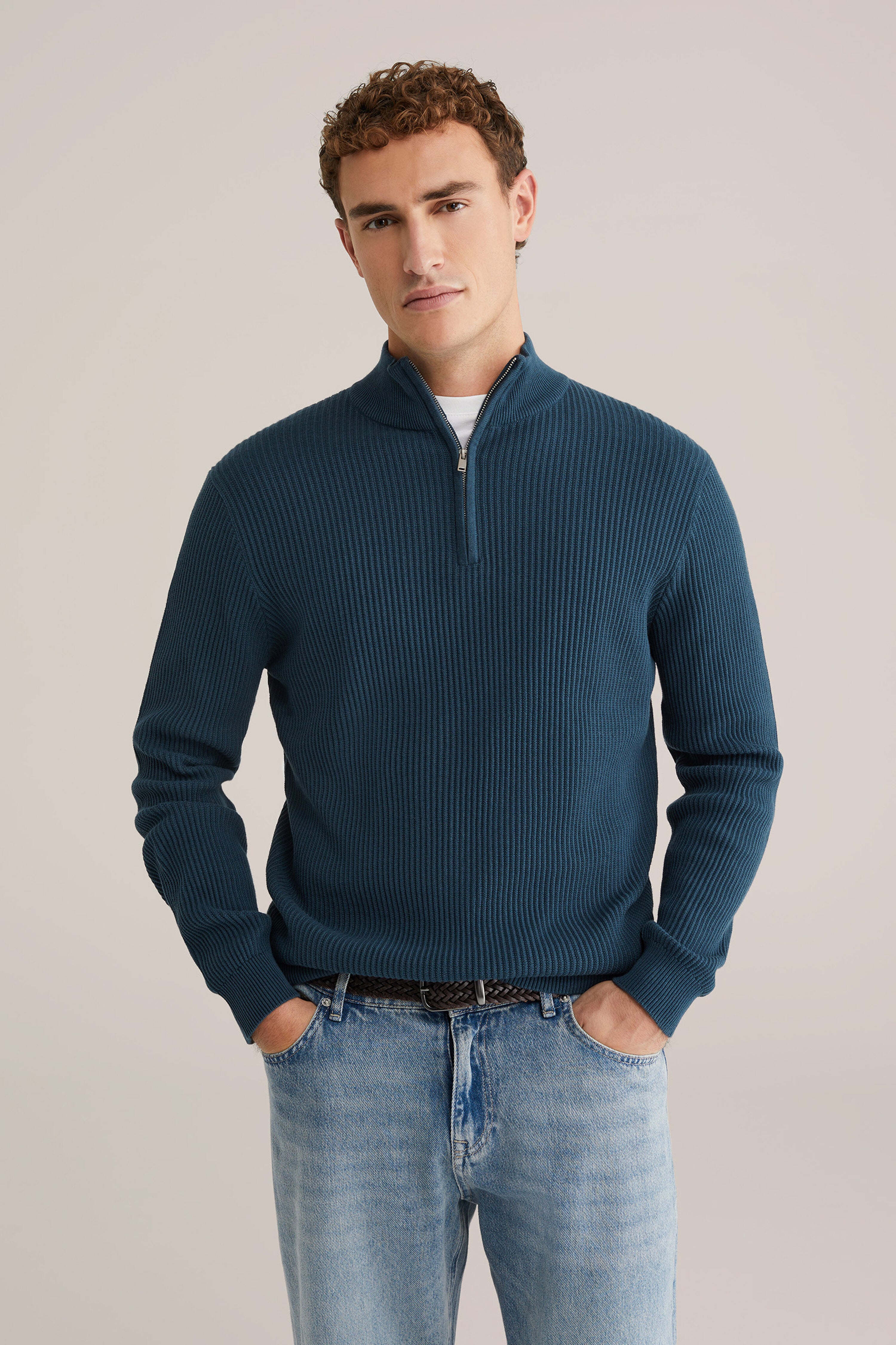 Suéter de Corte Regular com Zíper - Azul