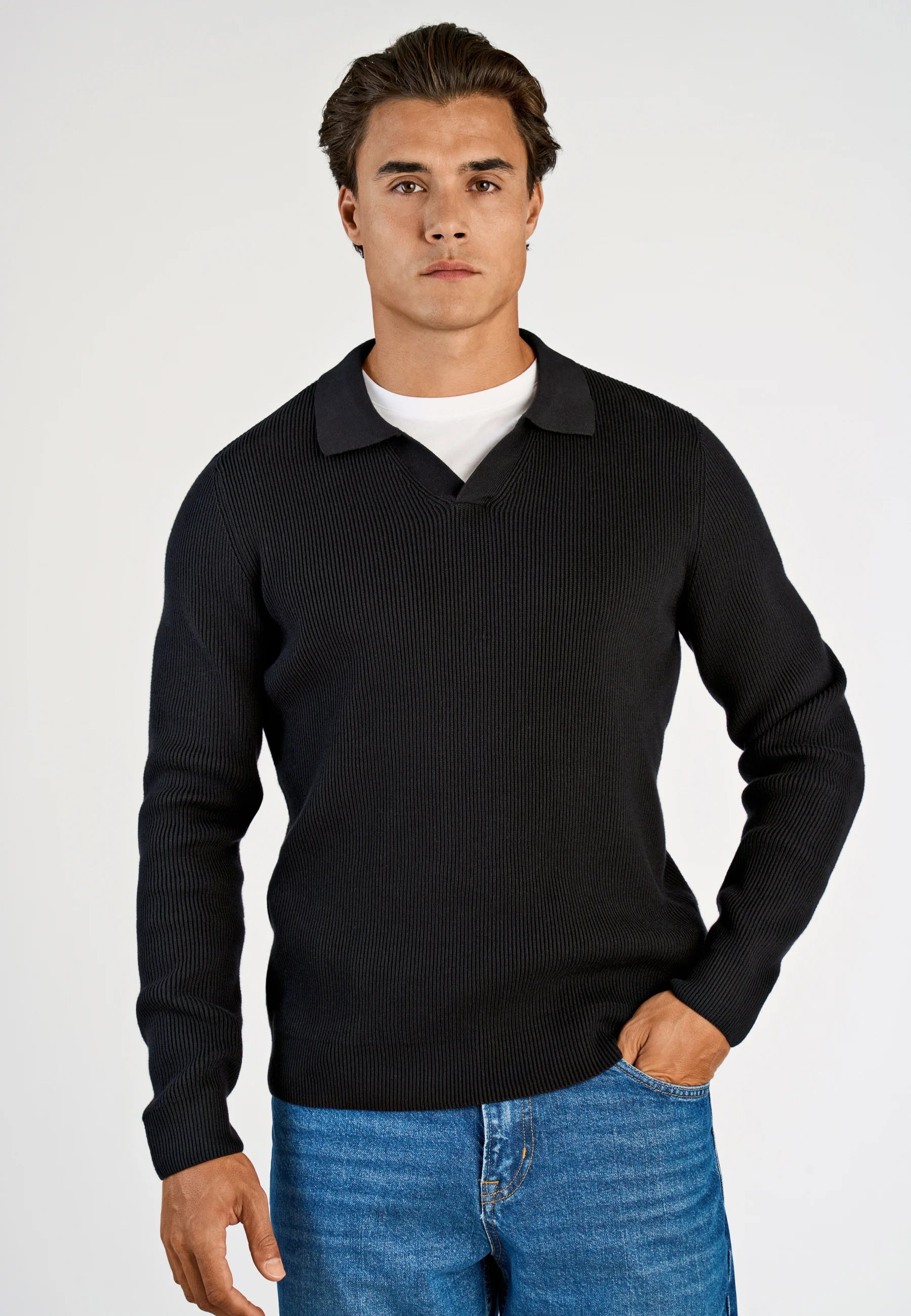 Camiseta Polo Masculina Texturizada Manga Longa - Preto