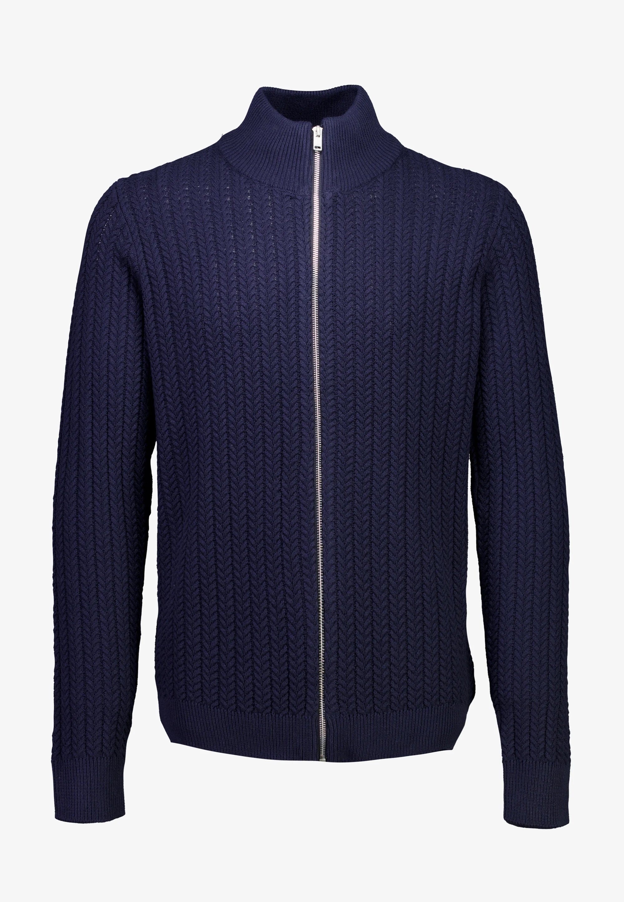 Cardigan Texturizado em Tricô com Gola Alta e Zíper - Azul marinho