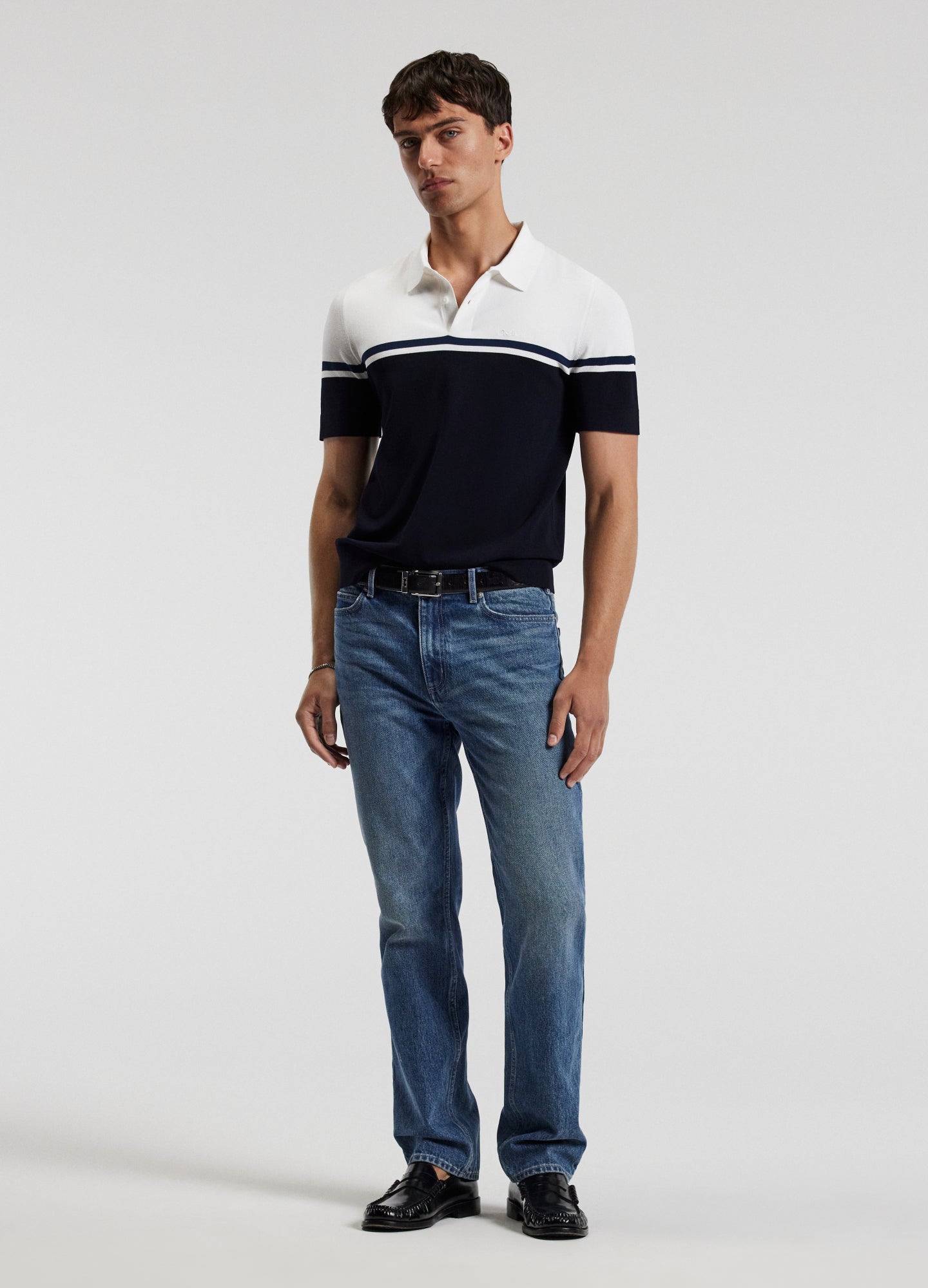 Camisa Polo em Algodão Listrado - Azul Marinho