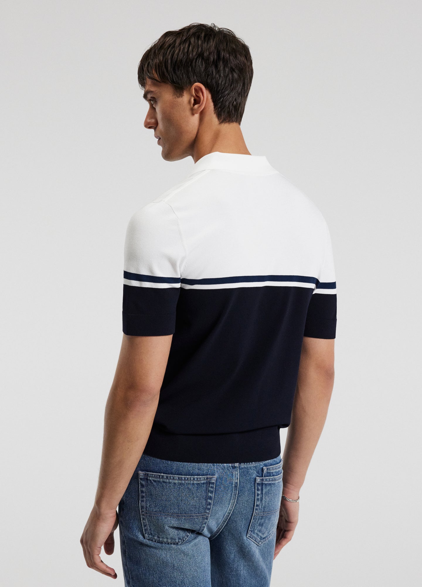 Camisa Polo em Algodão Listrado - Azul Marinho