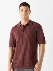 Camiseta Polo Texturizada Listrada - Bordô