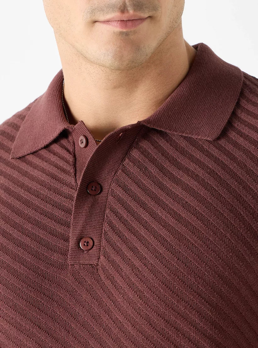 Camiseta Polo Texturizada Listrada - Bordô