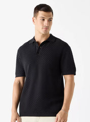 Camiseta Polo Texturizada Listrada - Preto