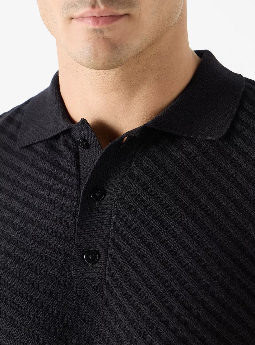 Camiseta Polo Texturizada Listrada - Preto