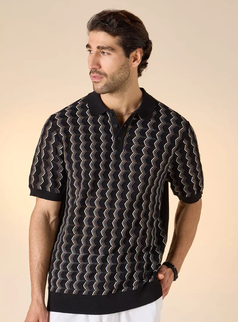 Camiseta Polo com Estampa Geométrica - Preto