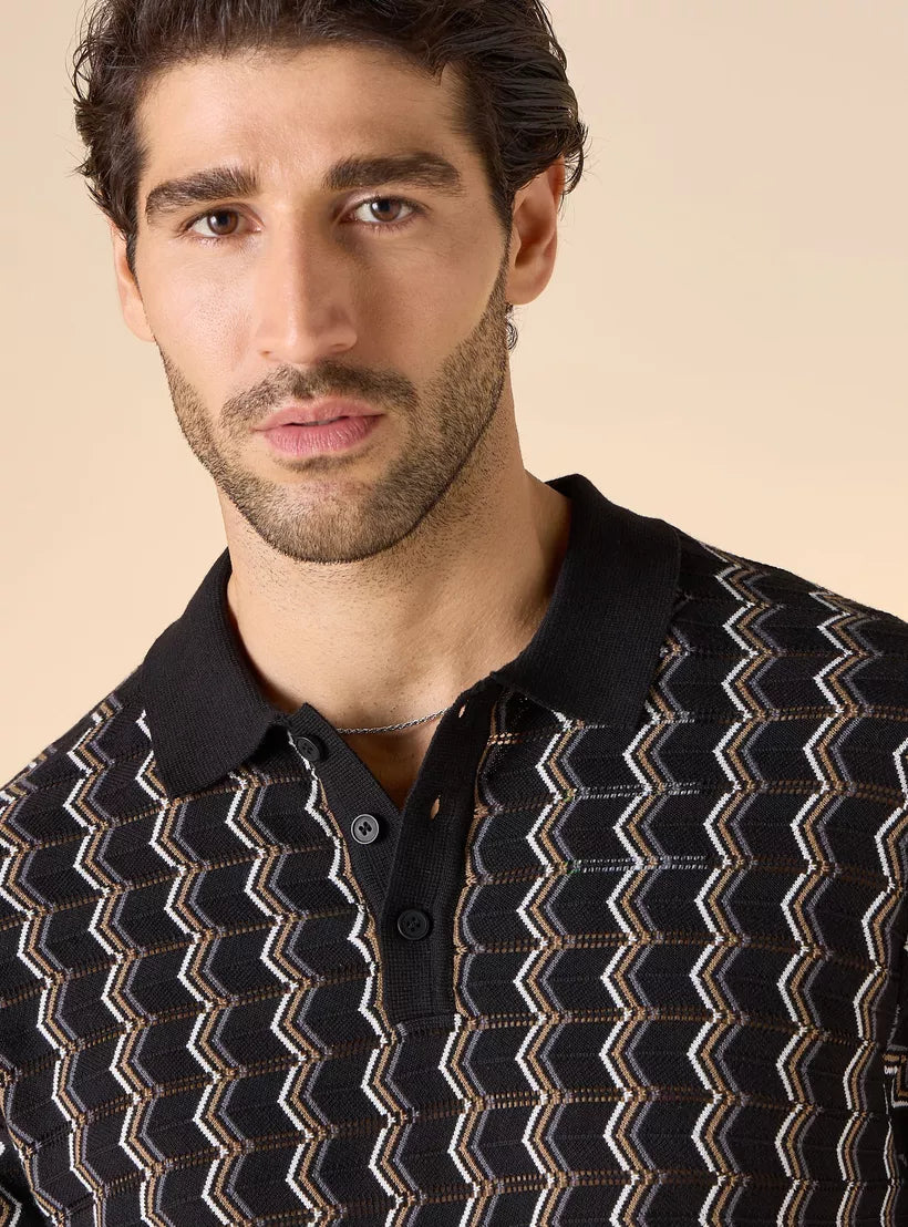 Camiseta Polo com Estampa Geométrica - Preto