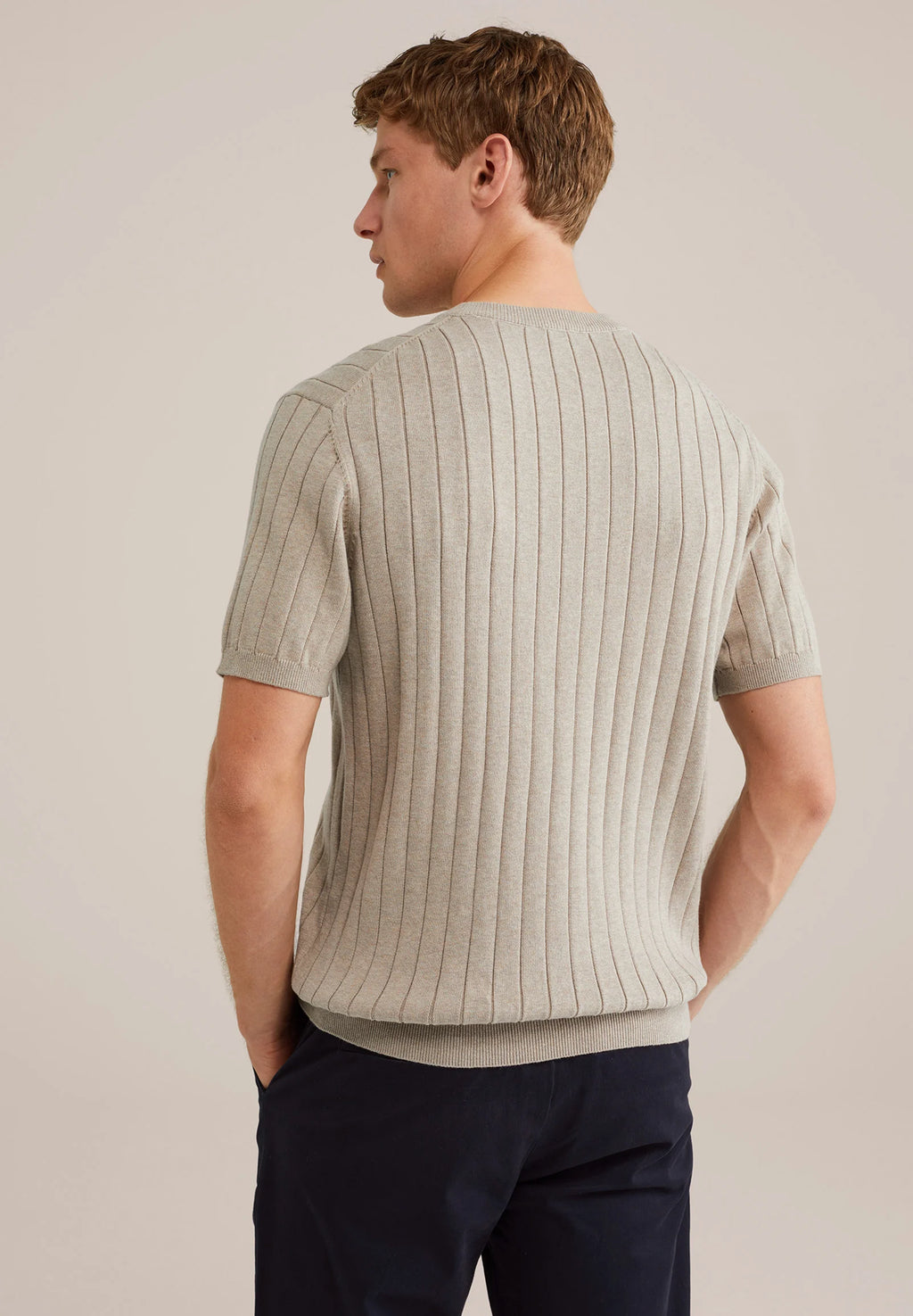 Camiseta Listrada em Algodão Texturizado - Bege