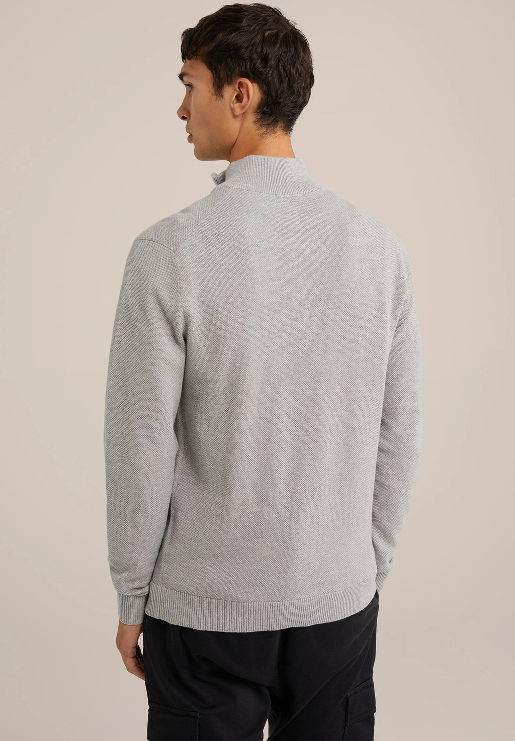 Suéter Masculino em Algodão com Gola Troyer e Zíper - Cinza