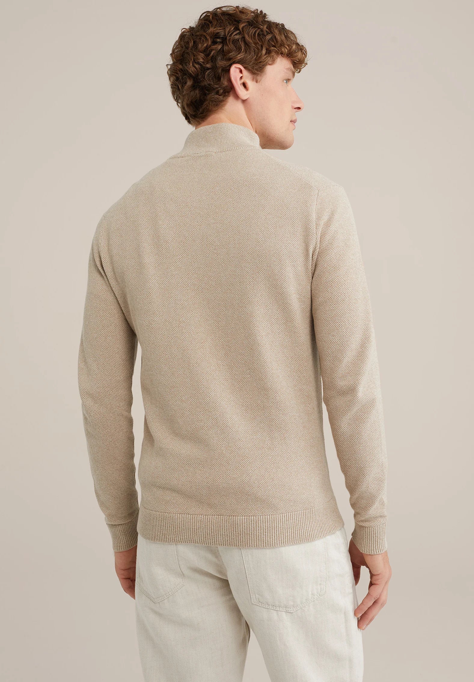 Suéter Masculino em Algodão com Gola Troyer e Zíper - Bege