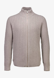 Cardigan Texturizado em Tricô com Gola Alta e Zíper - Bege