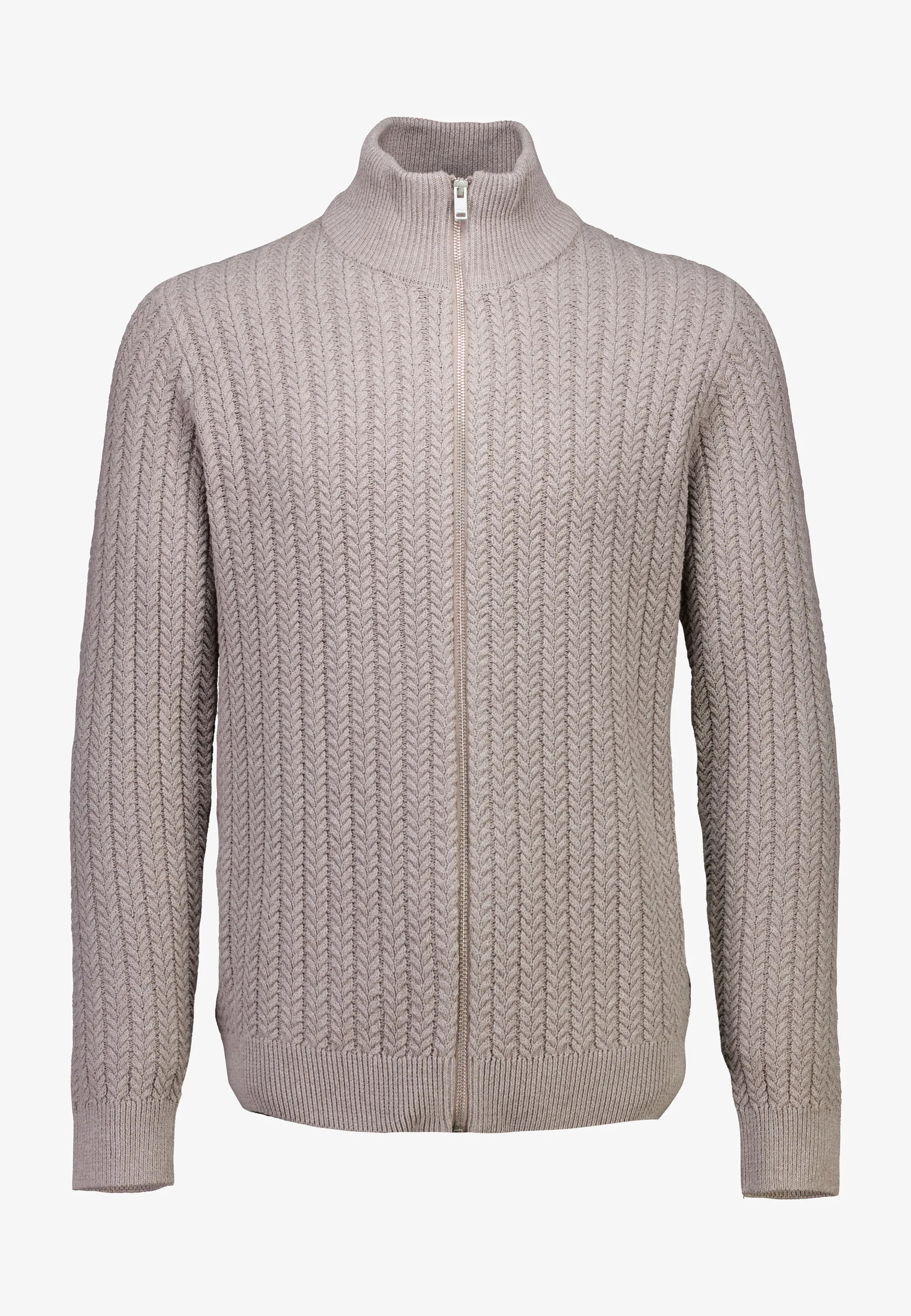 Cardigan Texturizado em Tricô com Gola Alta e Zíper - Bege