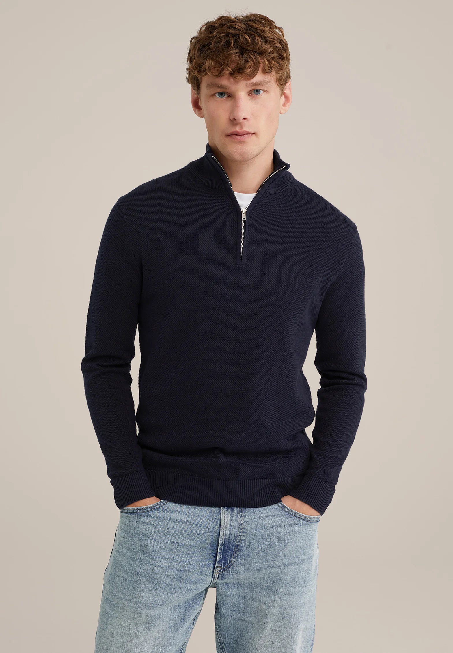 Suéter Masculino em Algodão com Gola Troyer e Zíper - Azul marinho