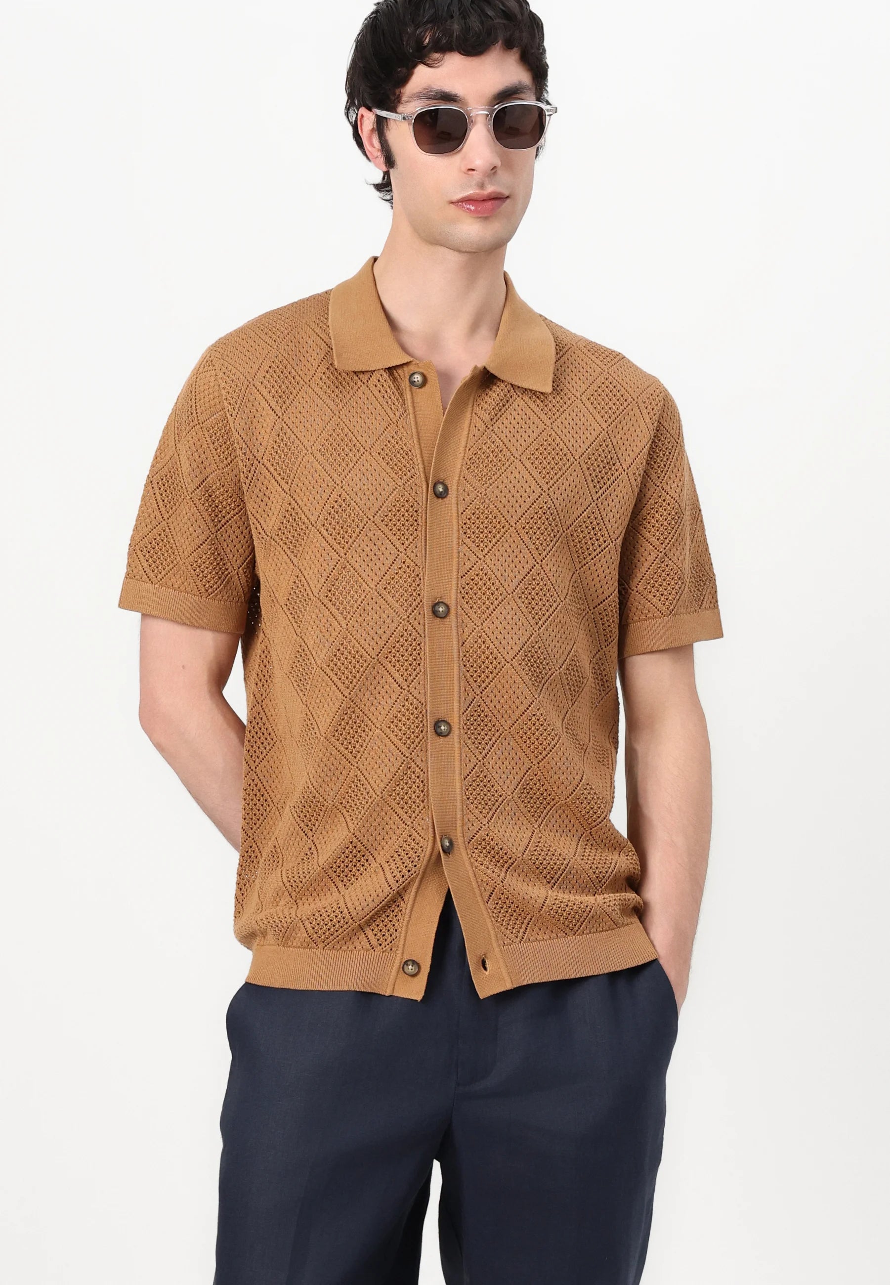 Camisa Gola Polo com Textura em Tricô - Marrom