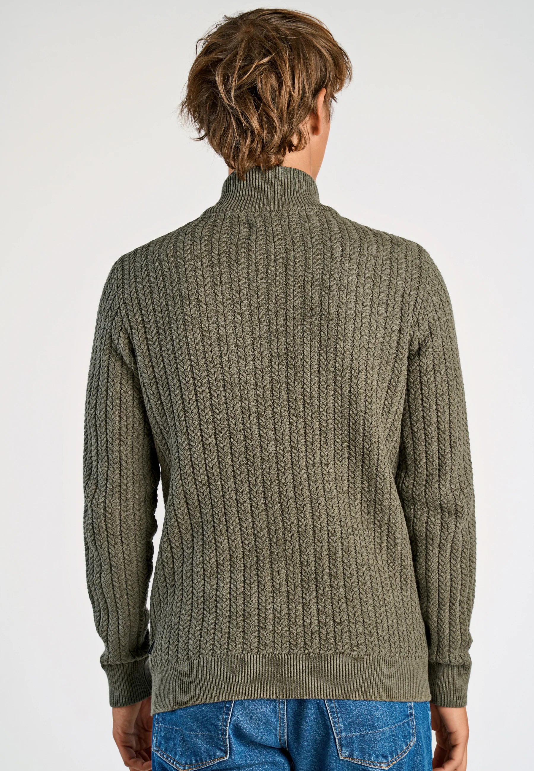 Cardigan Texturizado em Tricô com Gola Alta e Zíper - Verde musgo