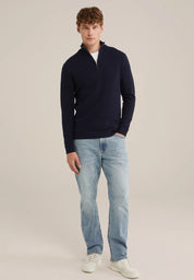 Suéter Masculino em Algodão com Gola Troyer e Zíper - Azul marinho