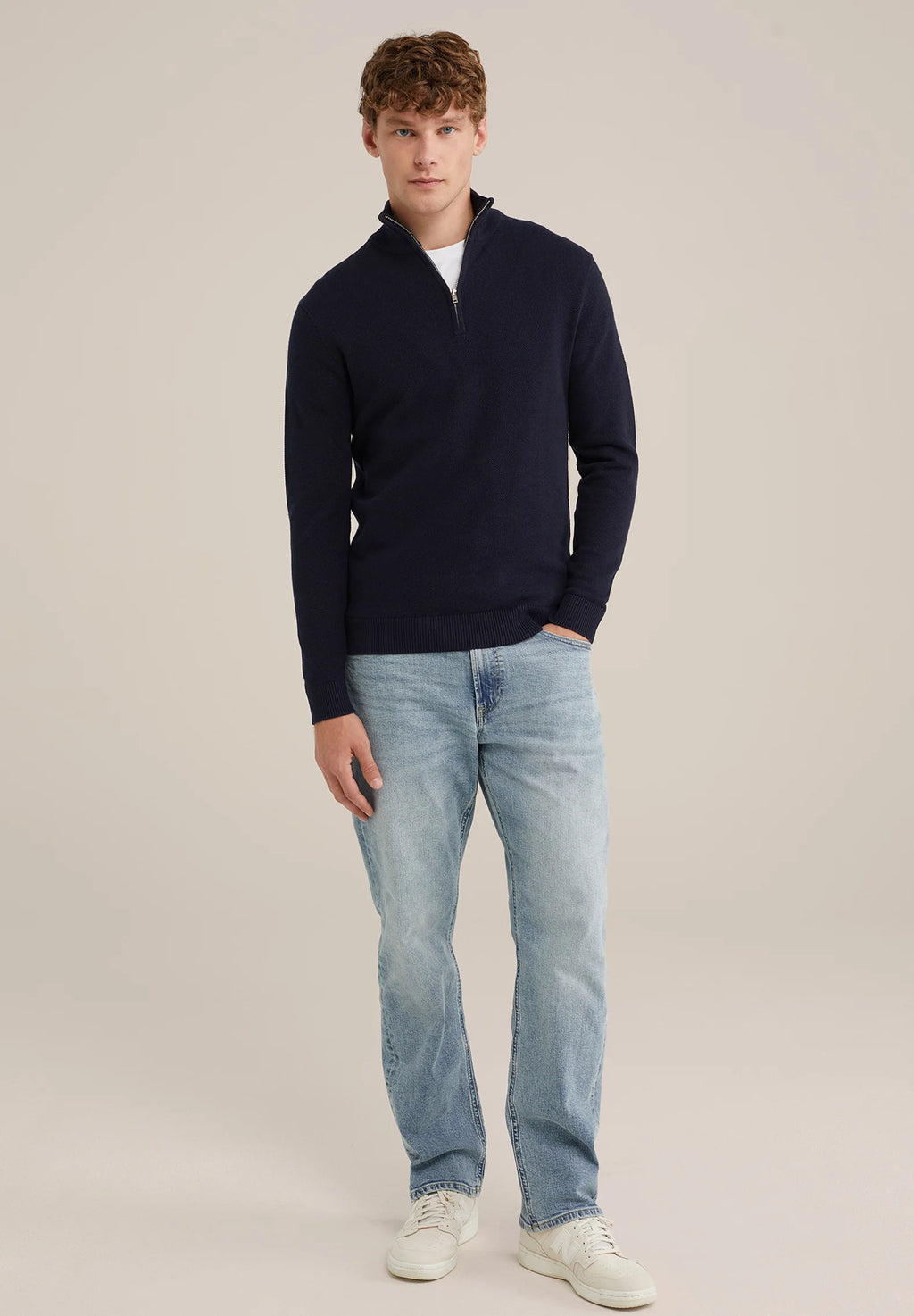 Suéter Masculino em Algodão com Gola Troyer e Zíper - Azul marinho