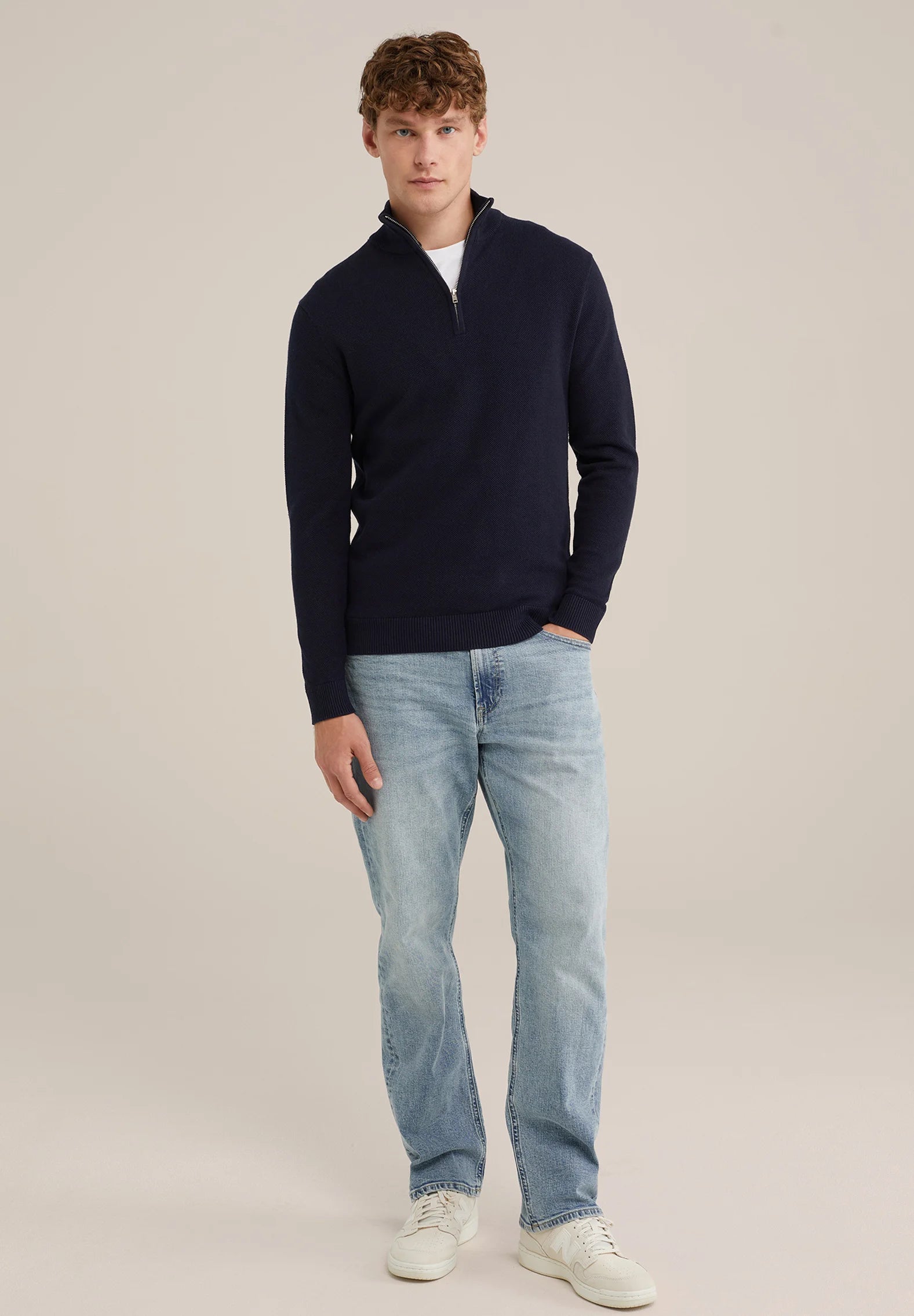 Suéter Masculino em Algodão com Gola Troyer e Zíper - Azul marinho