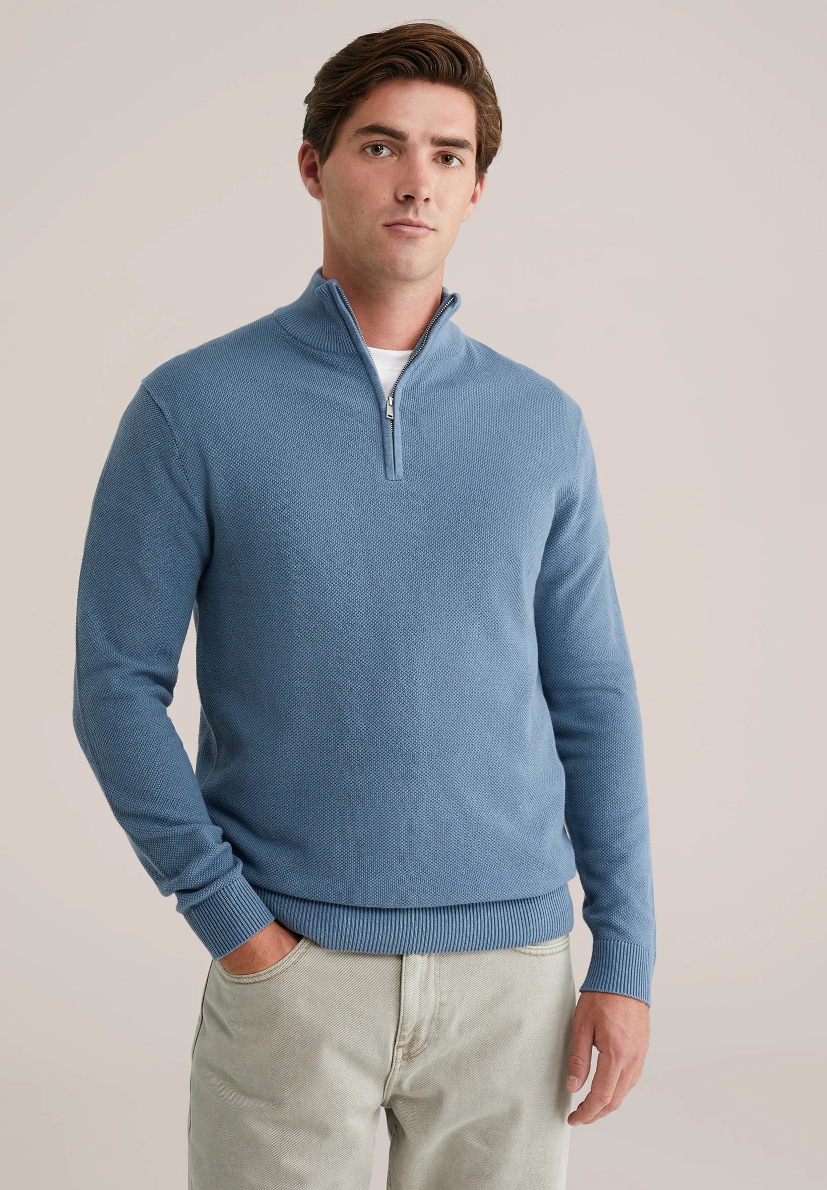 Suéter Masculino em Algodão com Gola Troyer e Zíper - Azul claro