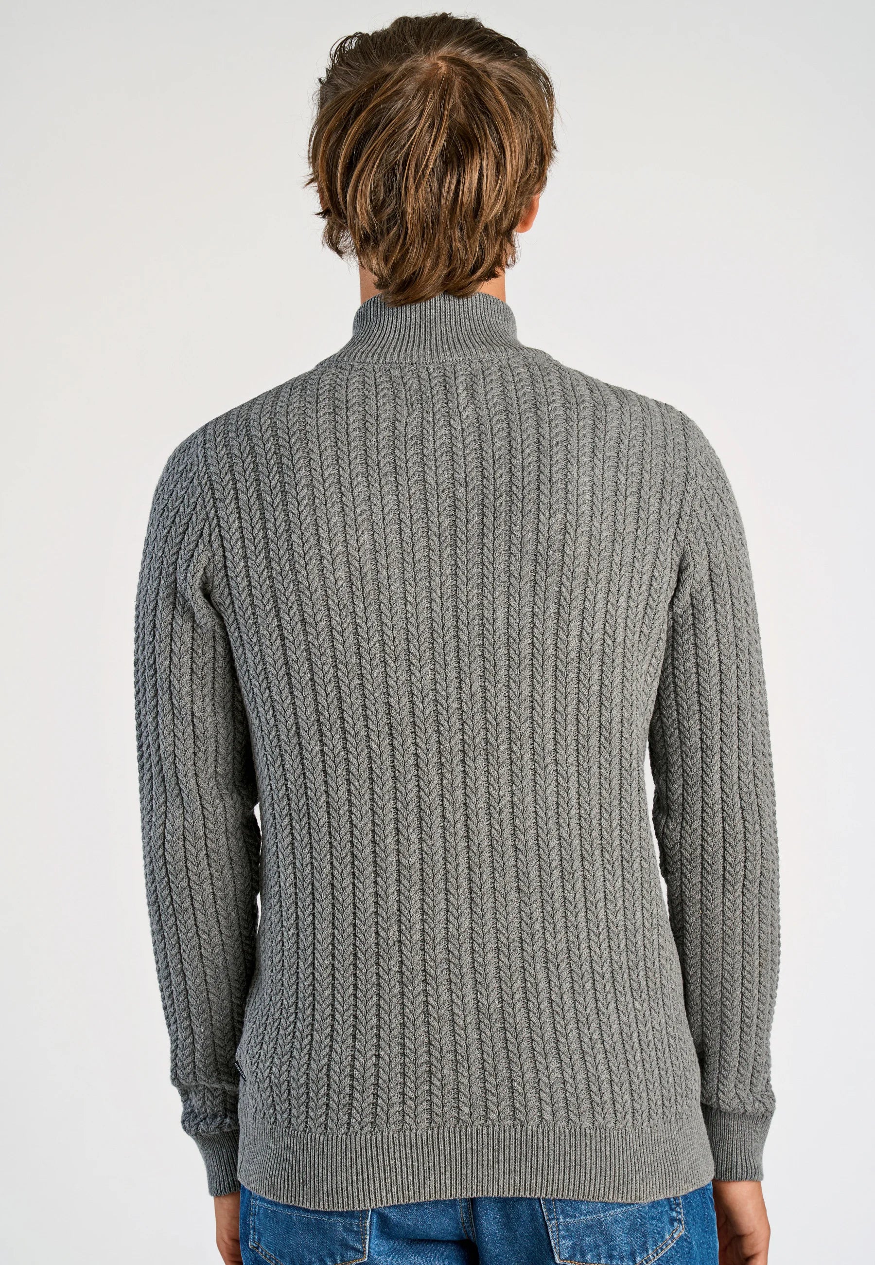 Cardigan Texturizado em Tricô com Gola Alta e Zíper - Cinza