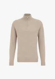 Suéter Masculino em Algodão com Gola Troyer e Zíper - Bege