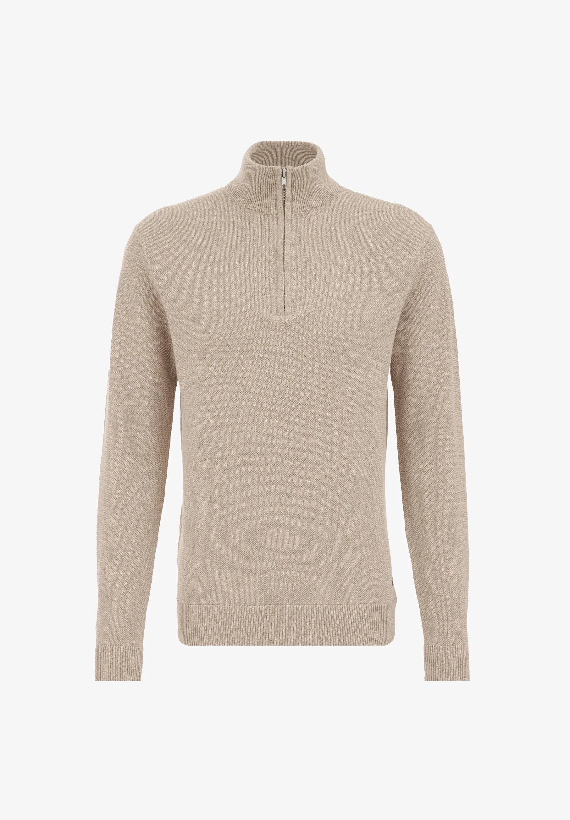 Suéter Masculino em Algodão com Gola Troyer e Zíper - Bege