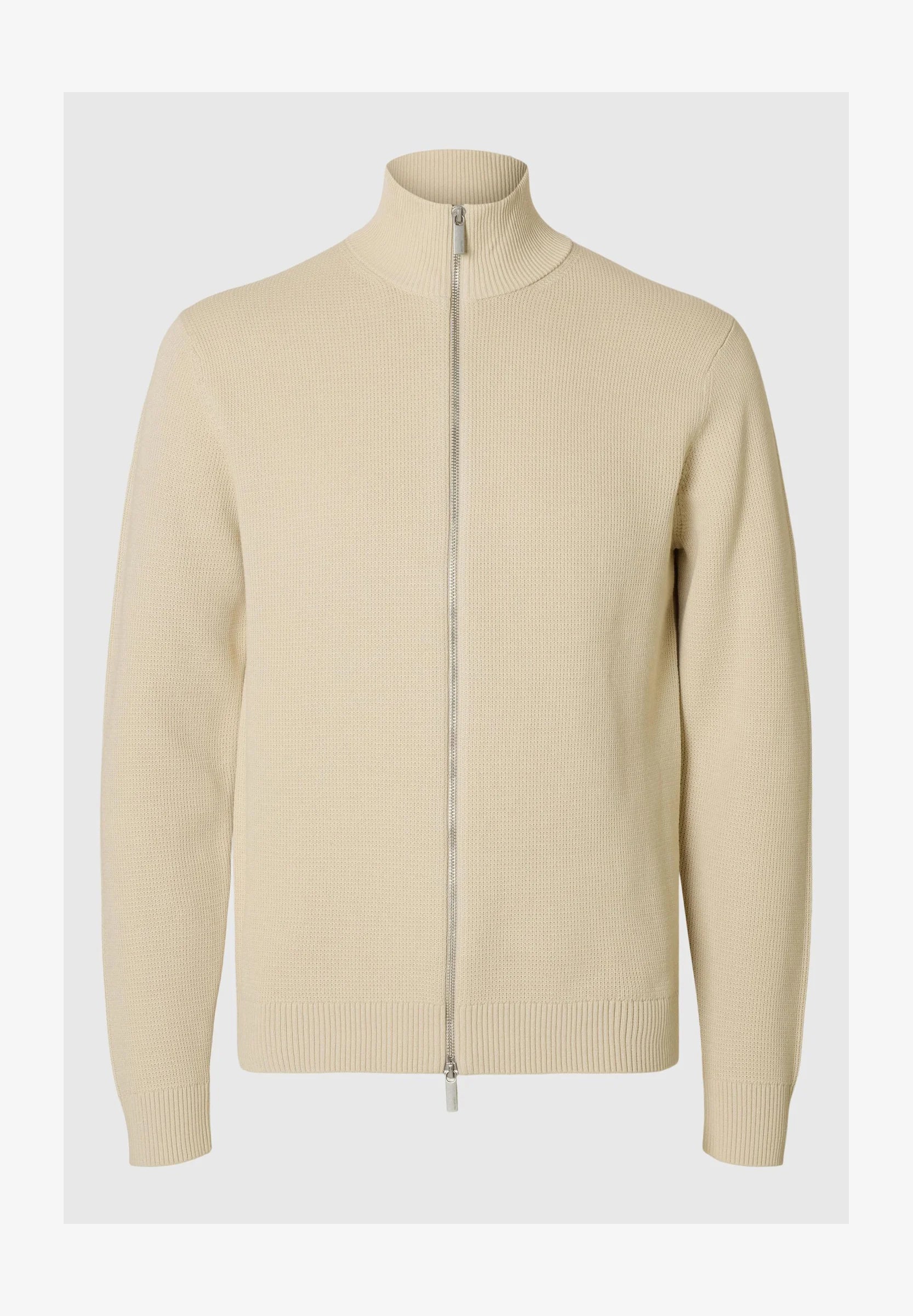 Cardigan Comfort com Gola Alta e Zíper - Bege