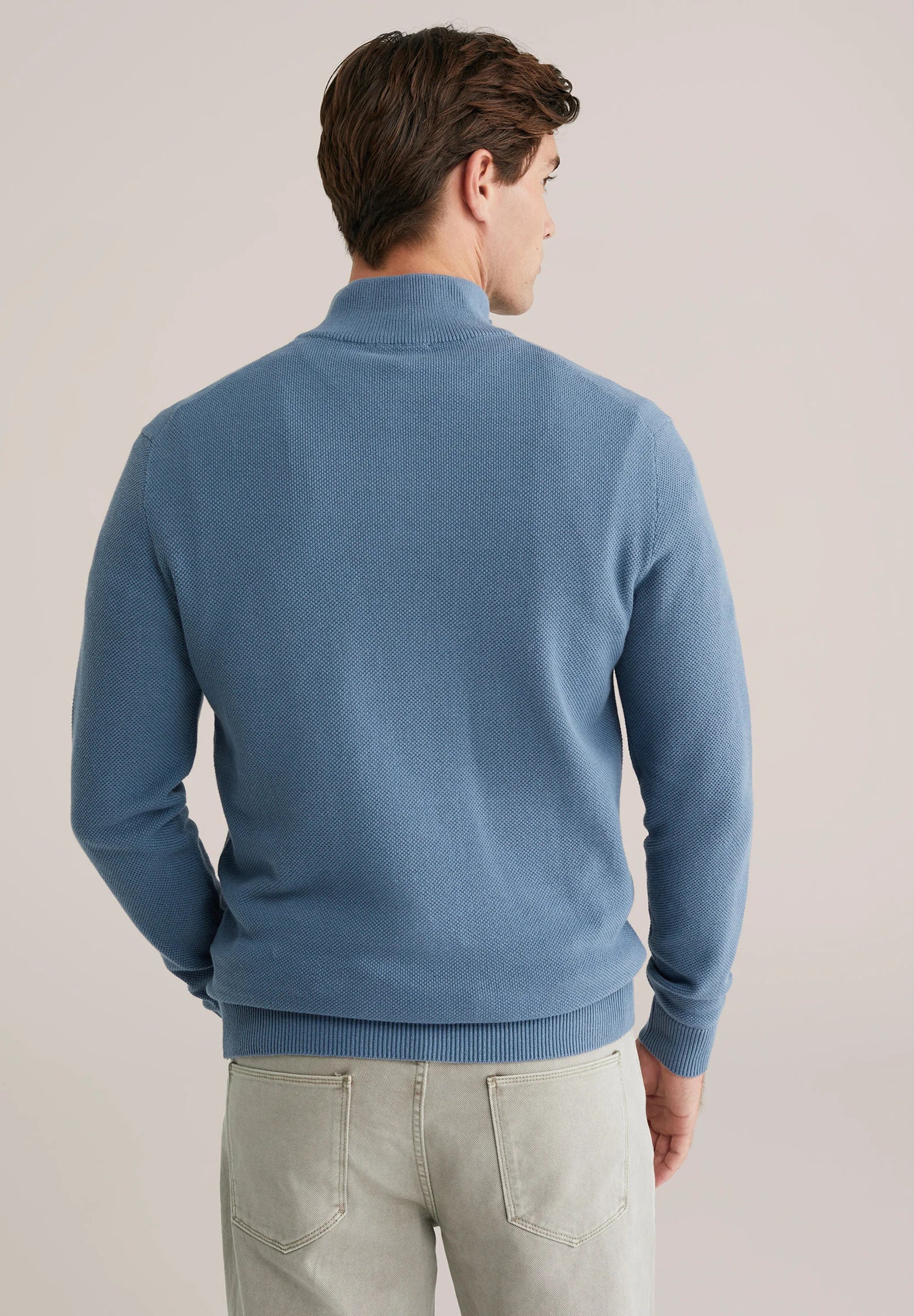 Suéter Masculino em Algodão com Gola Troyer e Zíper - Azul claro