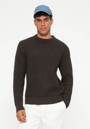 Suéter Masculino Gola Redonda Texturizado - Marrom