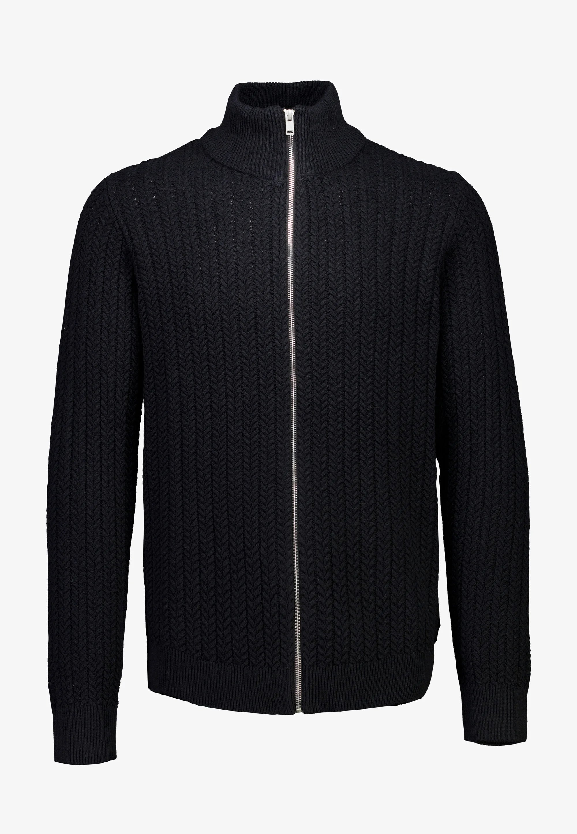 Cardigan Texturizado em Tricô com Gola Alta e Zíper - Preto