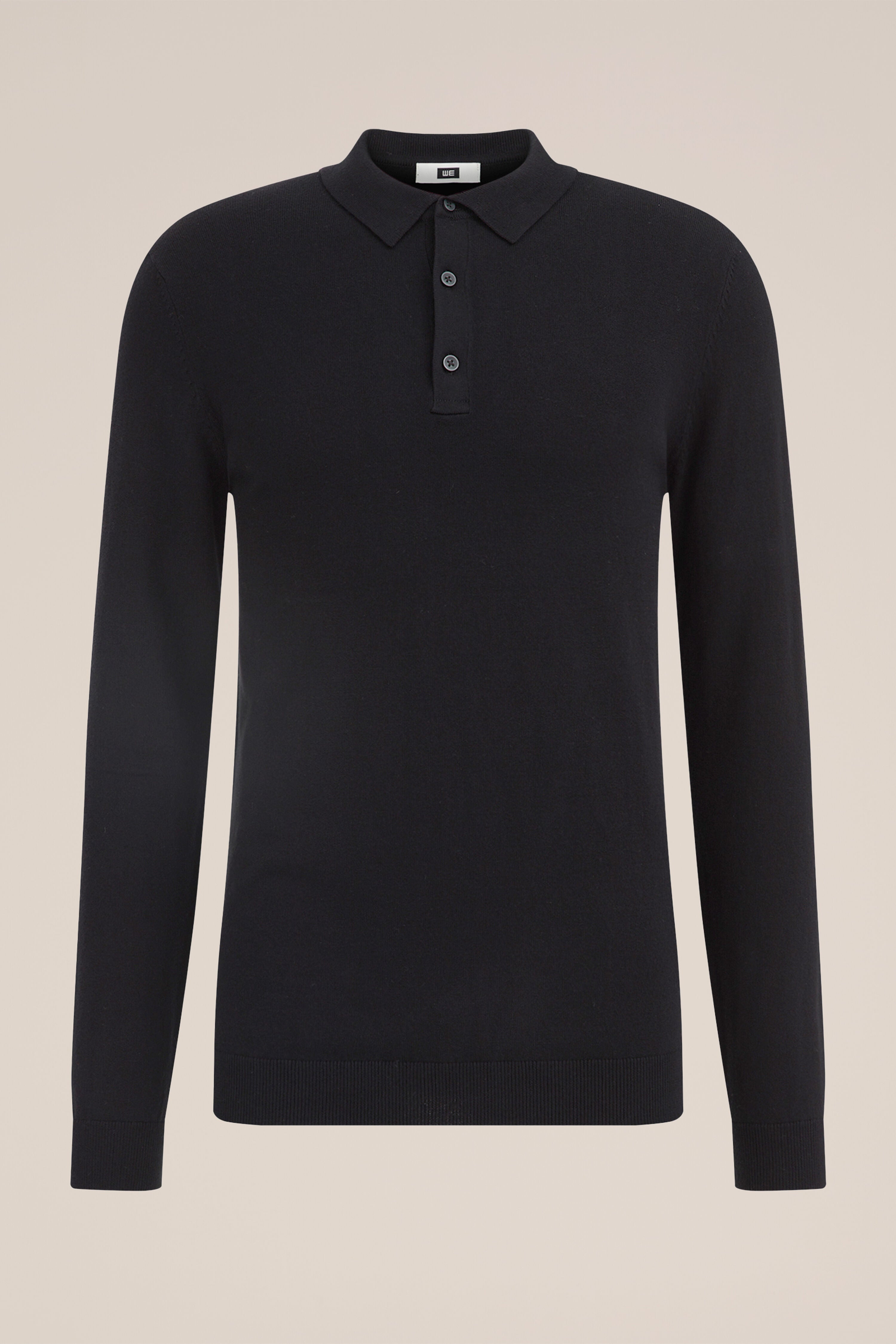 Camisa Polo de Malha Fina Manga Longa - Preto