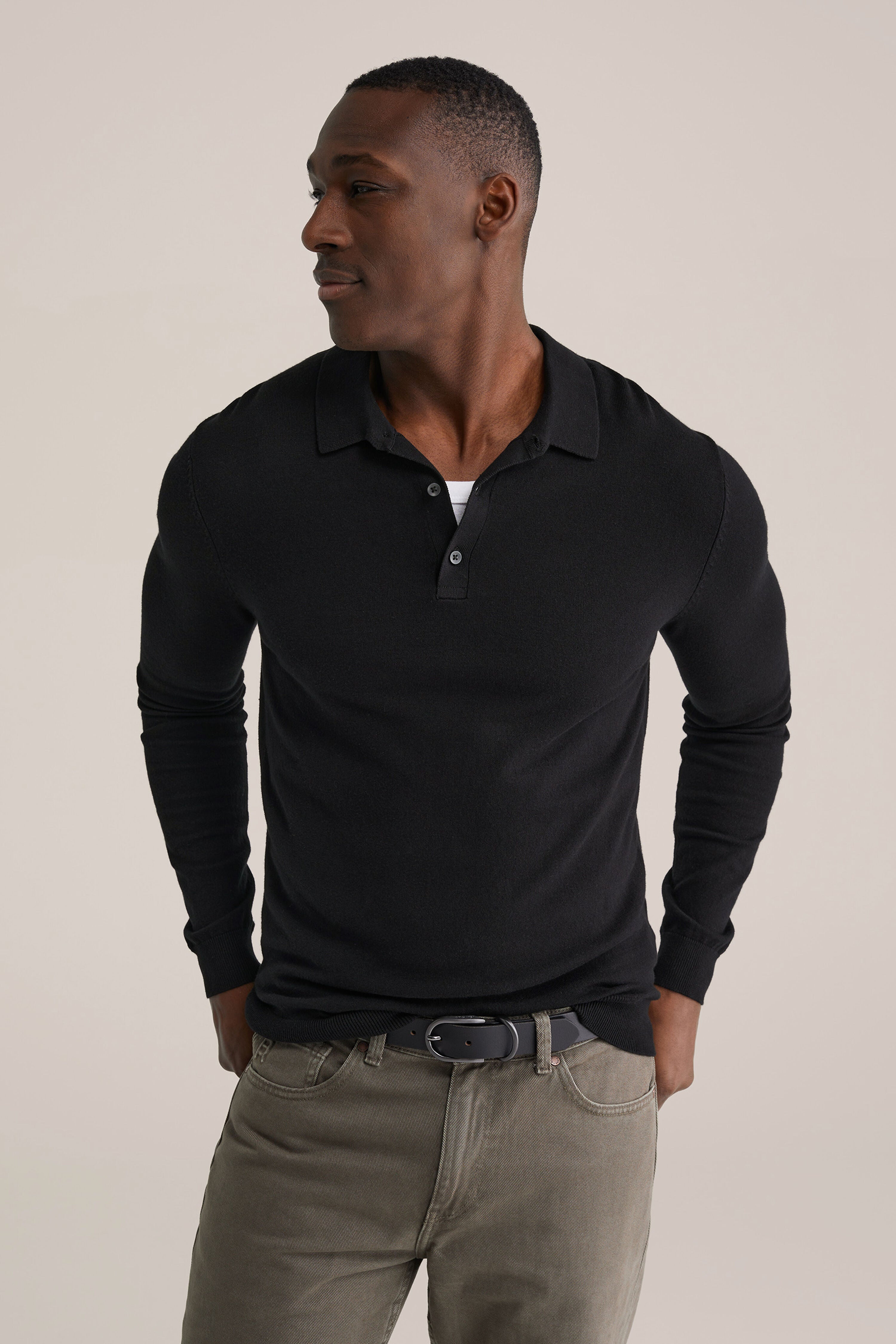 Camisa Polo de Malha Fina Manga Longa - Preto