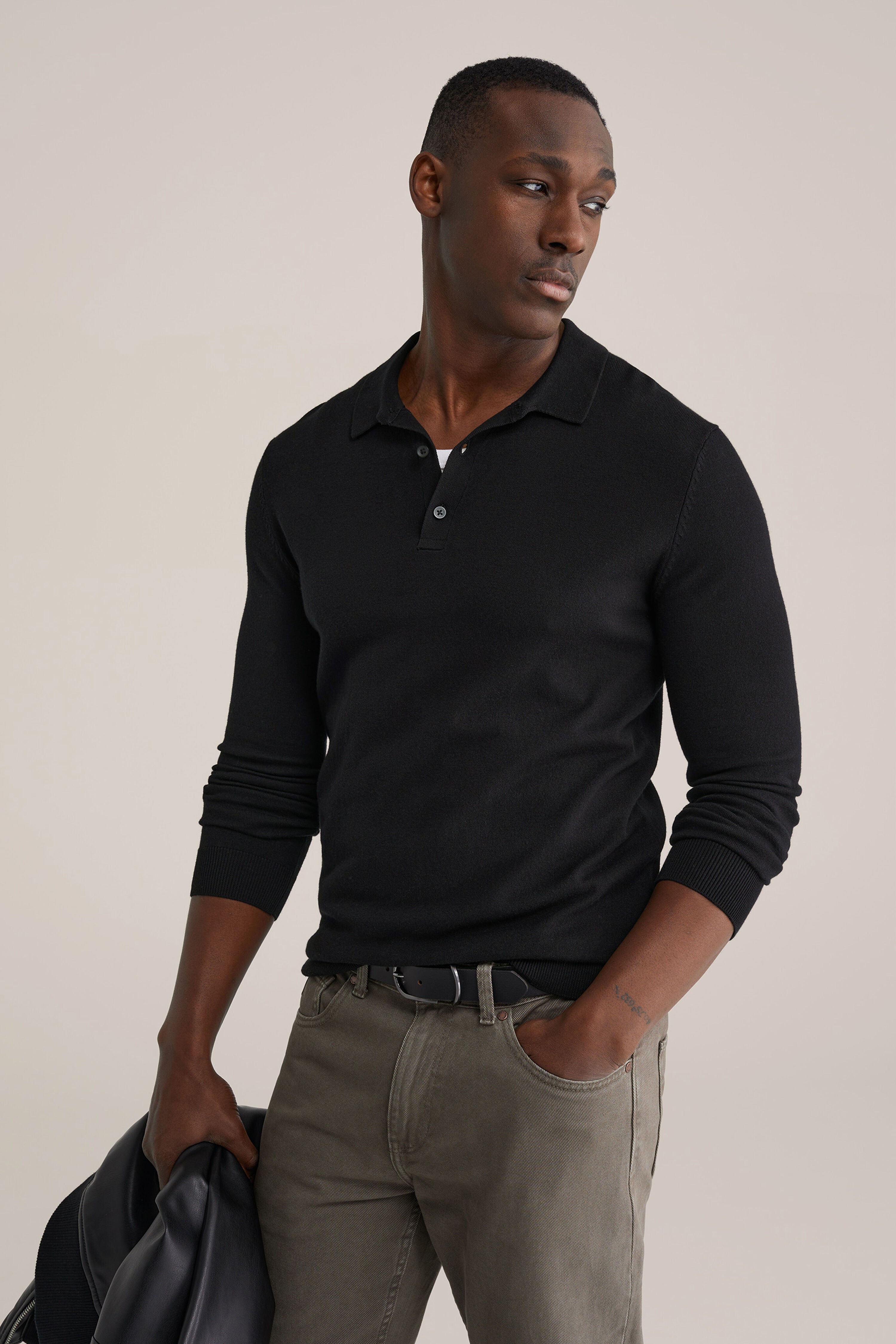 Camisa Polo de Malha Fina Manga Longa - Preto