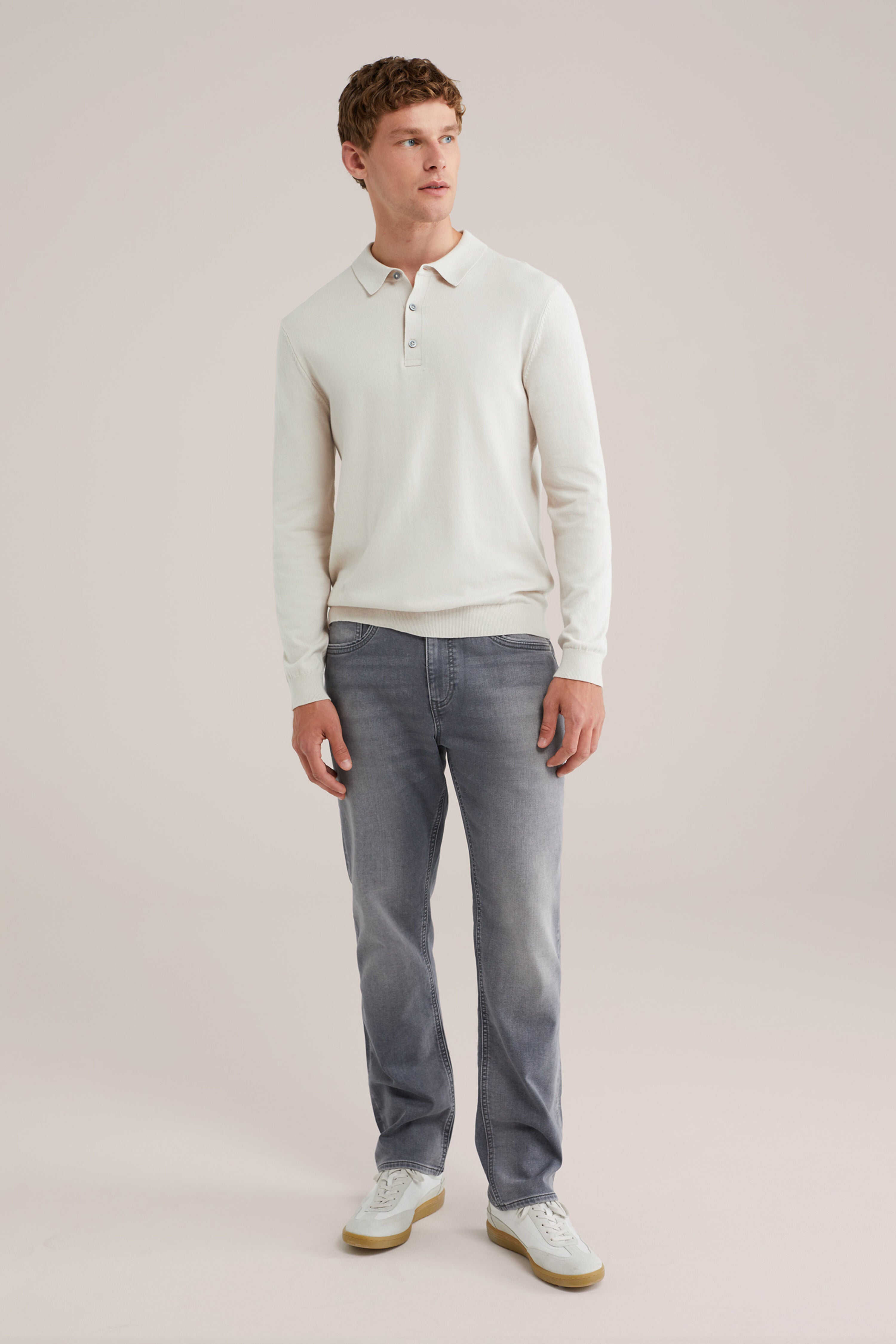 Camisa Polo de Malha Fina Manga Longa - Off white