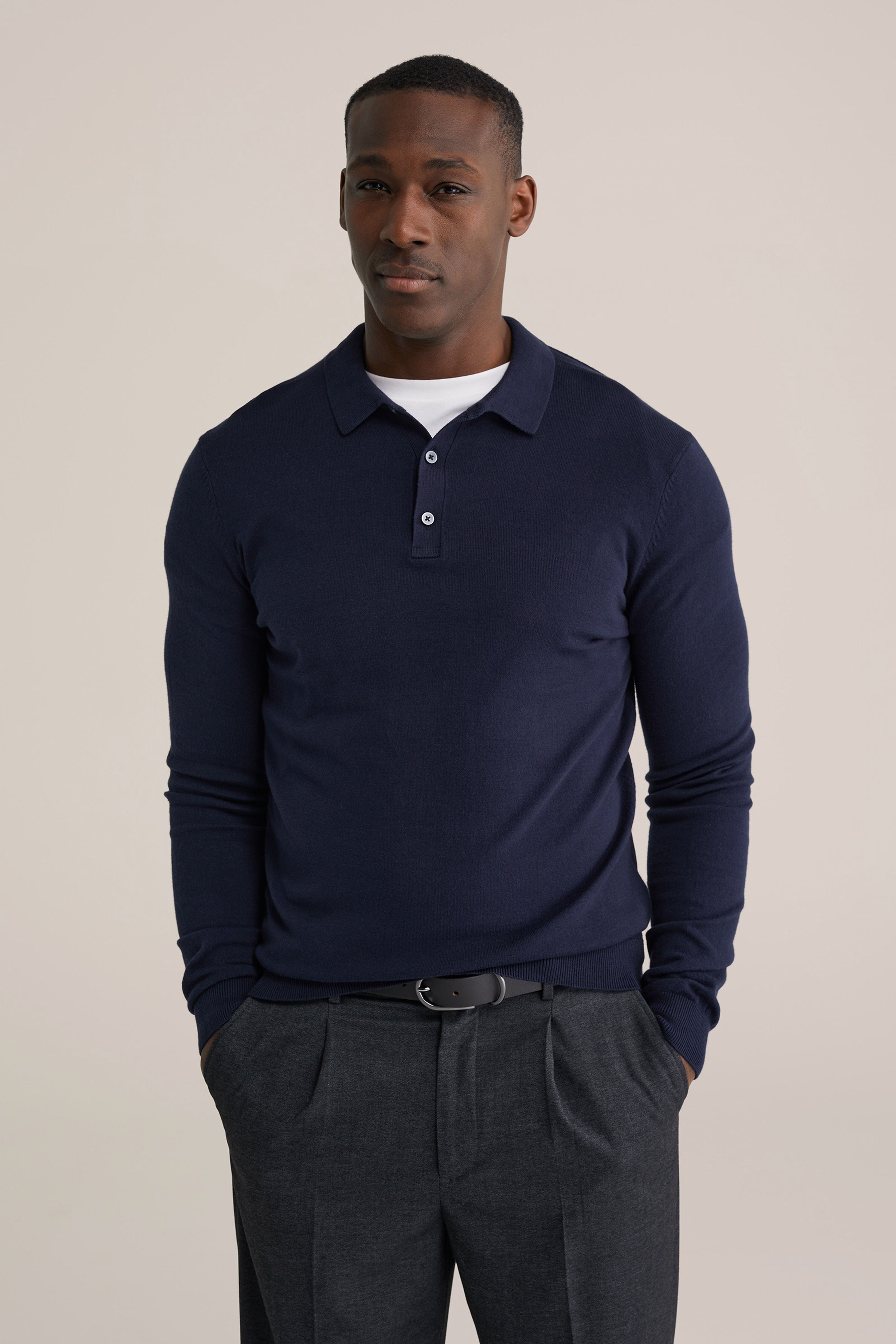 Camisa Polo de Malha Fina Manga Longa - Azul marinho
