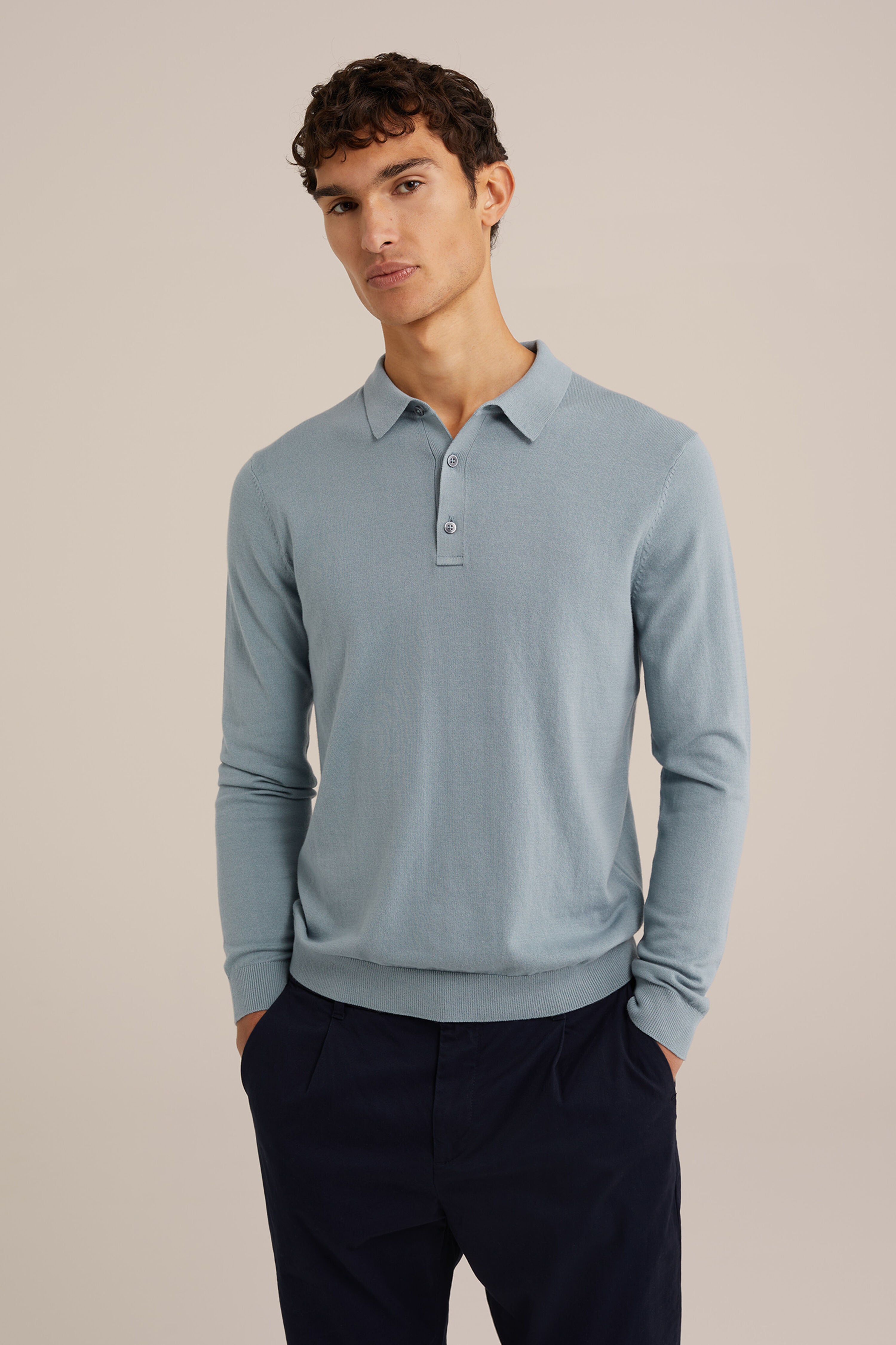 Camisa Polo de Malha Fina Manga Longa - Azul claro