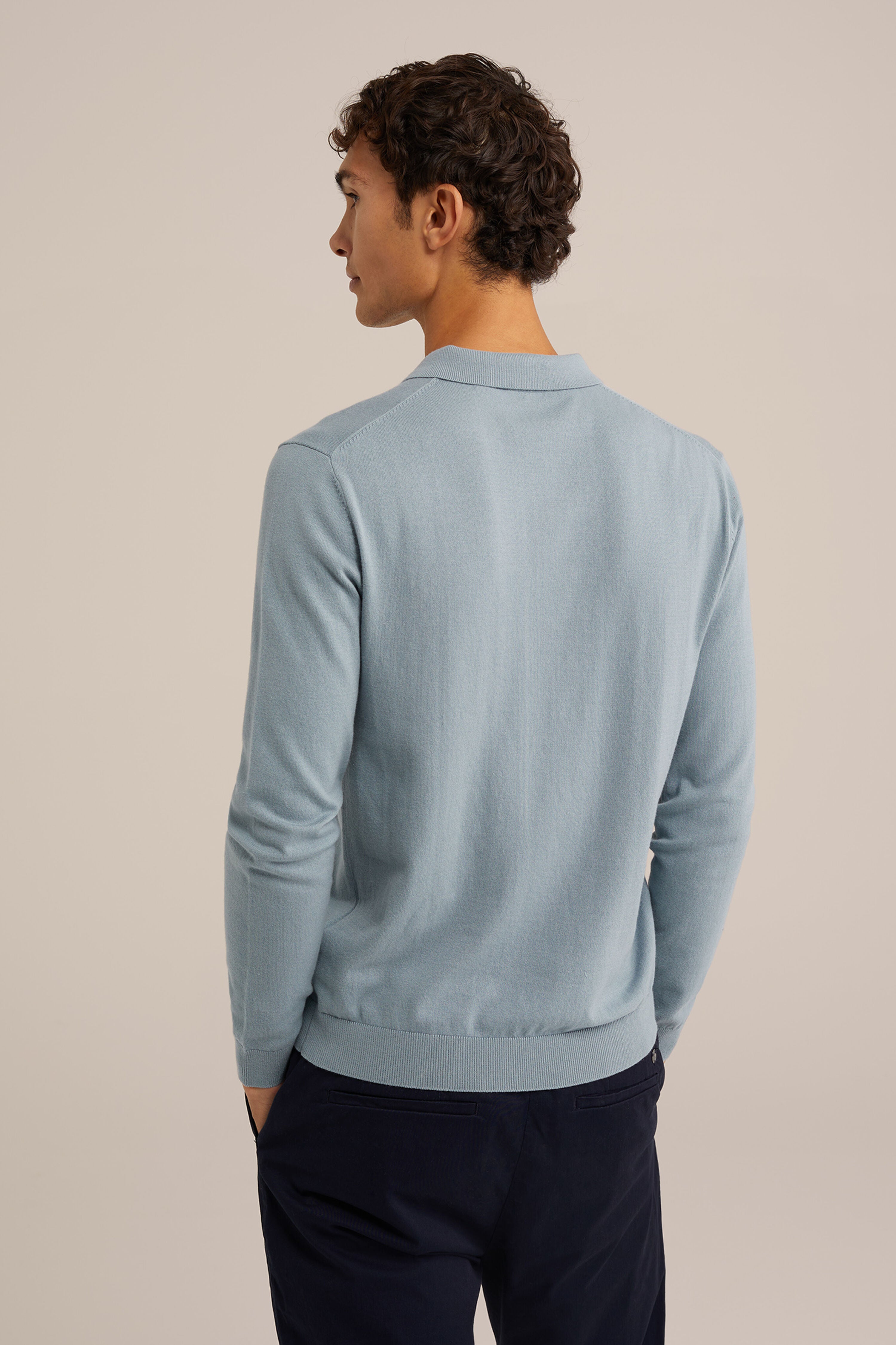 Camisa Polo de Malha Fina Manga Longa - Azul claro