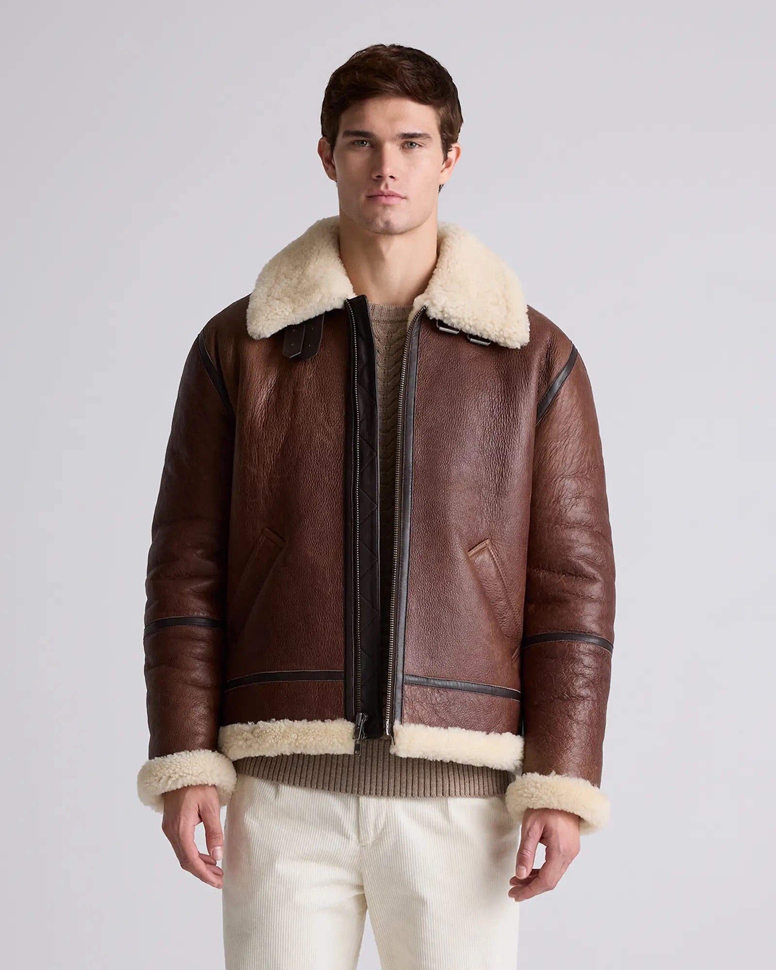 Jaqueta Bomber Masculina em Shearling 100% Natural - Marrom