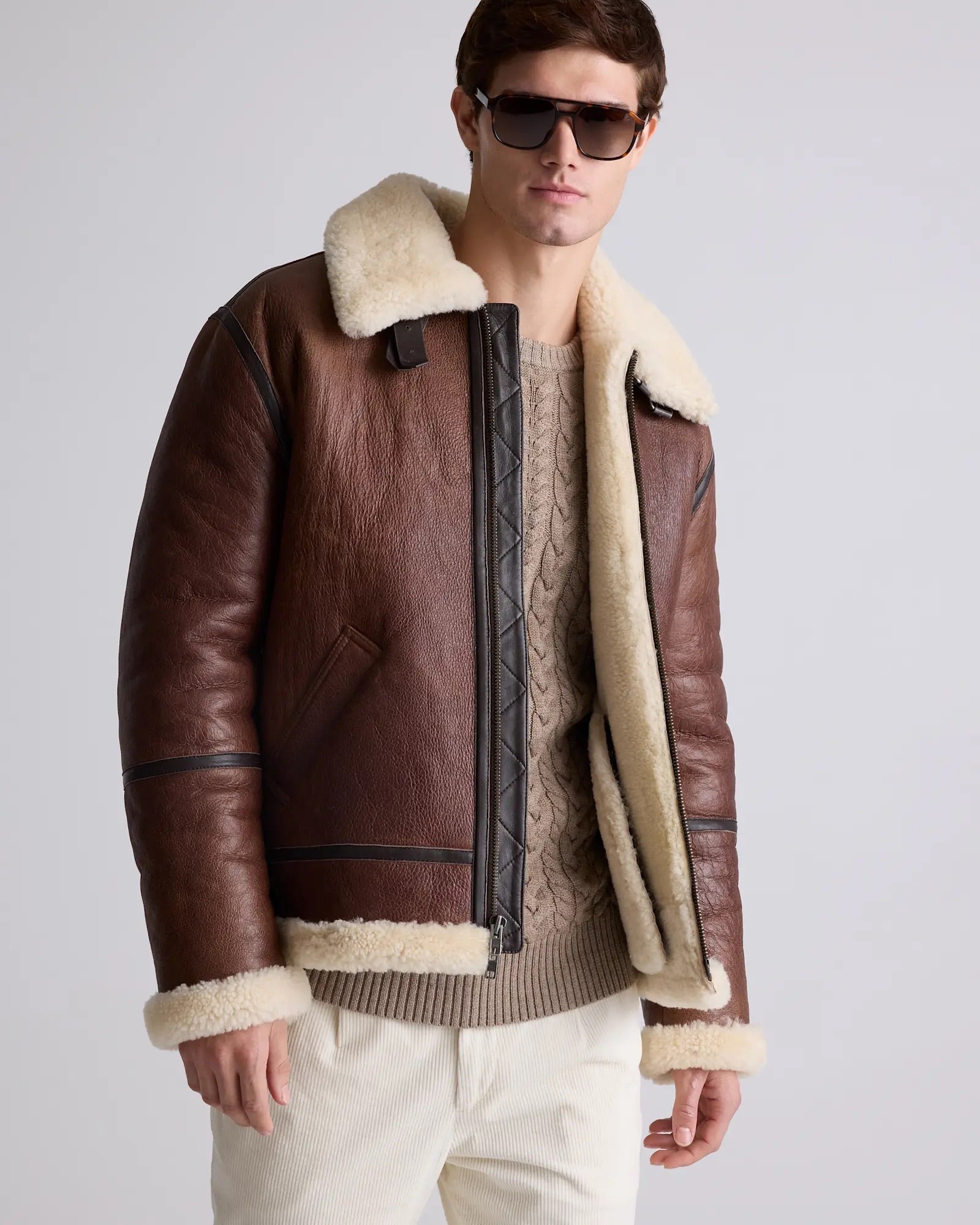 Jaqueta Bomber Masculina em Shearling 100% Natural - Marrom