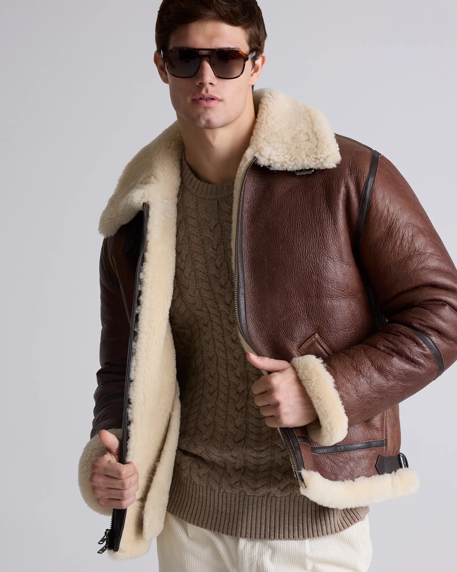 Jaqueta Bomber Masculina em Shearling 100% Natural - Marrom