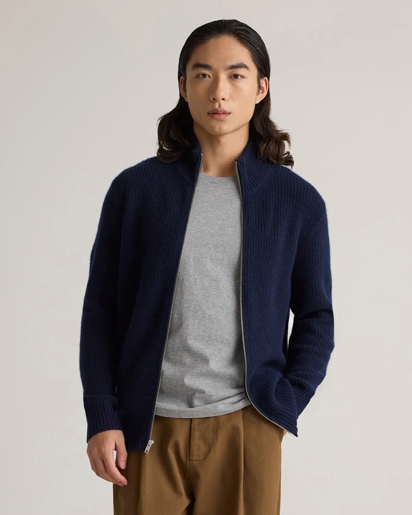 Suéter Masculino 100% Algodão com Zíper Frontal - Azul marinho